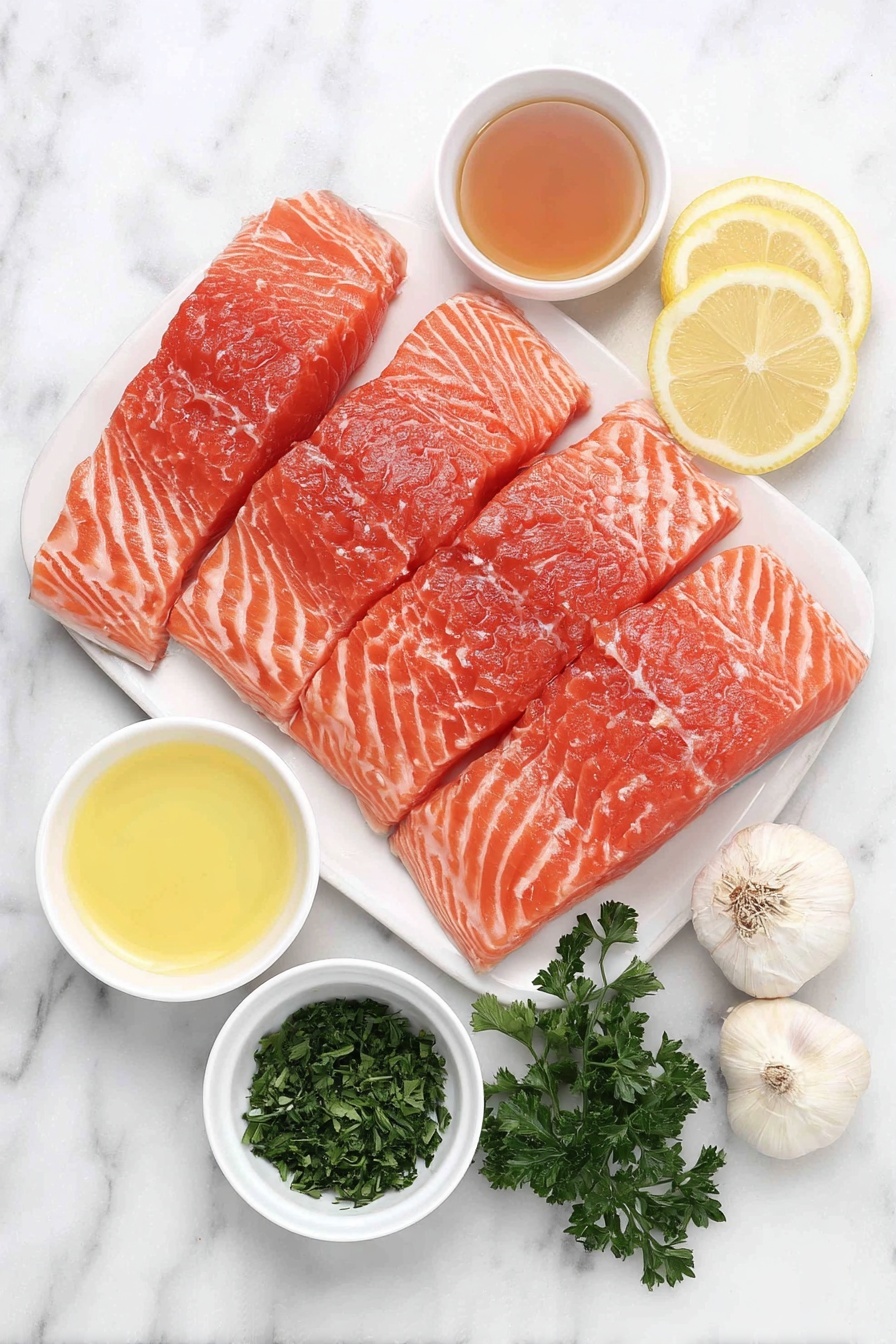 Grilled Salmon with Honey Soy Marinade, grilled salmon marinade, honey soy salmon recipe, easy grilled salmon, flavorful salmon dinner - Flat lay of four fresh salmon fillets with skin on, a small white bowl of light brown soy sauce, a small white bowl with bright yellow lemon juice, a small white bowl of golden honey, a small white bowl of greenish olive oil, two whole uncracked garlic cloves, a few sprigs of fresh green parsley, and three thin lemon slices arranged symmetrically on simple white ceramic dishes, placed on a clean white marble surface, soft natural light, photo taken with an iPhone, professional food photography style, fresh ingredients, white ceramic bowls, no bottles, no duplicates, no utensils, no packaging --ar 2:3 --v 7 --p m7354615311229779997