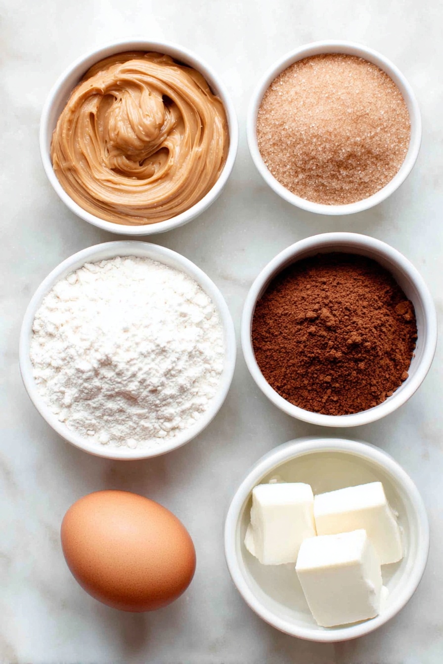 Chocolate Peanut Butter Cookies, Easy Chocolate Peanut Butter Cookies, Chewy Peanut Butter Cookies, Chocolate Cookies with Peanut Butter, Soft Peanut Butter Cookies - Flat lay of a small white ceramic bowl of creamy peanut butter, a small white ceramic bowl of light brown sugar packed firmly, a small white ceramic bowl of all purpose flour, a small white ceramic bowl of unsweetened cocoa powder scooped and swept, a small white ceramic bowl of milk, one whole uncracked large brown egg, a small white ceramic bowl with a portion of solid shortening, a small white ceramic bowl of fine salt, a small white ceramic bowl of baking soda, and a small white ceramic bowl of clear vanilla extract placed on a clean white marble surface, soft natural light, photo taken with an iPhone, professional food photography style, fresh ingredients, white ceramic bowls, no bottles, no duplicates, no utensils, no packaging --ar 2:3 --v 7 --p m7354615311229779997