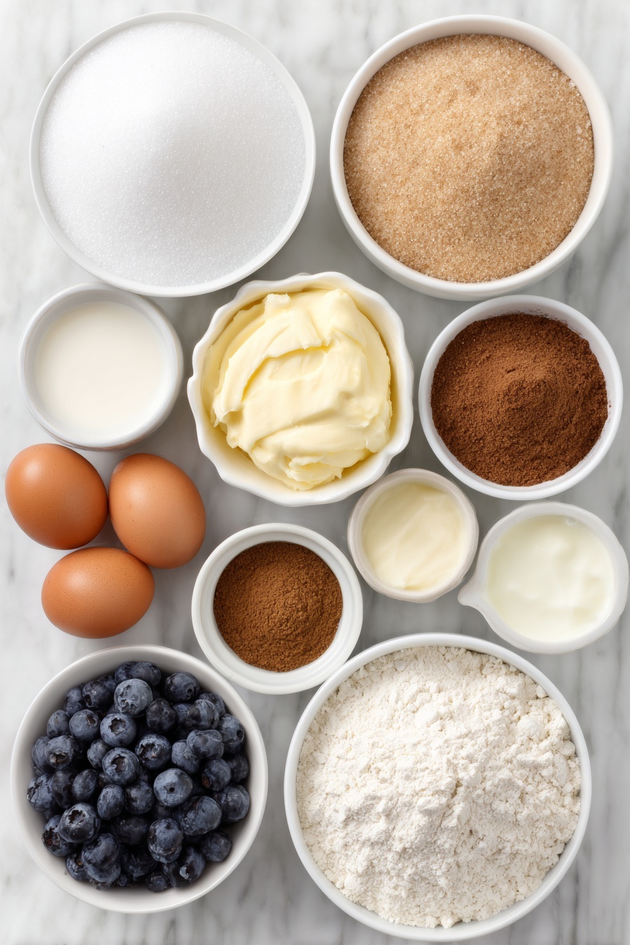 Blueberry Pie with Crumb Topping, blueberry pie dessert, homemade blueberry pie, easy blueberry pie recipe, fruit crumb pie - Flat lay of a small white ceramic bowl of white granulated sugar, a small white ceramic bowl of light brown sugar, a small white ceramic bowl of all-purpose flour, a small white ceramic bowl of ground cinnamon, a small white ceramic bowl of ground nutmeg, two whole brown eggs with clean shells, a small white ceramic bowl of sour cream, a small white ceramic bowl of clear vanilla extract, a small white ceramic bowl of melted butter, a small white ceramic bowl filled with fresh plump blueberries, placed on a clean white marble surface, soft natural light, photo taken with an iPhone, professional food photography style, fresh ingredients, white ceramic bowls, no bottles, no duplicates, no utensils, no packaging --ar 2:3 --v 7 --p m7354615311229779997