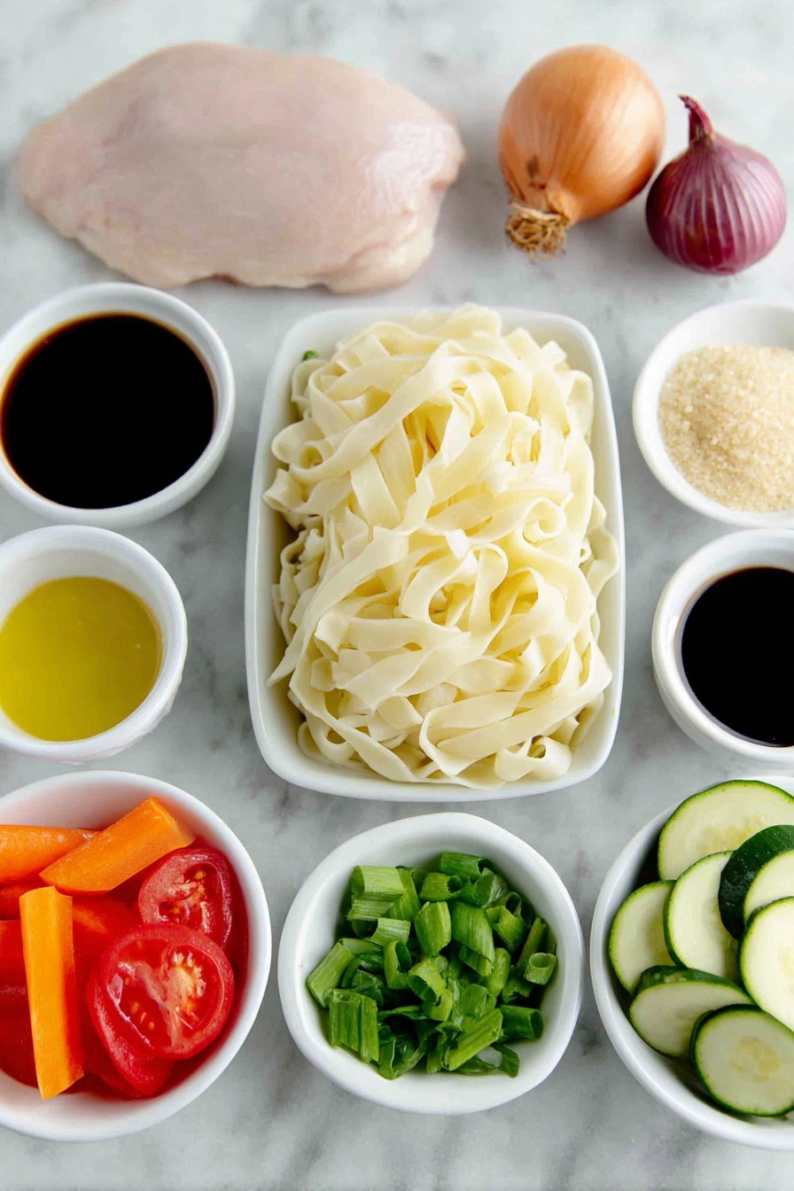 Drunken Noodles, Thai stir-fry recipe, spicy noodle dish, quick dinner recipe, flavorful Asian noodles - Flat lay of wide rice noodles arranged neat and flat, a small white bowl of golden sesame oil, two whole uncracked shallots with smooth purple skin, two fresh orange carrots thinly sliced, a large raw chicken breast with pale pink flesh, three whole uncracked bulbs of garlic, a small white bowl with finely minced fresh ginger, a fresh green zucchini thinly sliced, a green bell pepper sliced into thin strips, two chopped green onions with white and green parts separated, a fresh roma tomato sliced into rounds, a small pile of bright green Thai Holy Basil leaves roughly chopped, and a small white bowl holding a dark oyster sauce, another small white bowl with rich low sodium soy sauce, a small white bowl with clear fish sauce, a small white bowl of brown sugar crystals, a small white bowl of clear water, and a small white bowl with vivid red Thai chili paste — all perfectly arranged in balanced symmetry on a clean white marble surface, soft natural light, photo taken with an iPhone, professional food photography style, fresh ingredients, white ceramic bowls, no bottles, no duplicates, no utensils, no packaging --ar 2:3 --v 7 --p m7354615311229779997