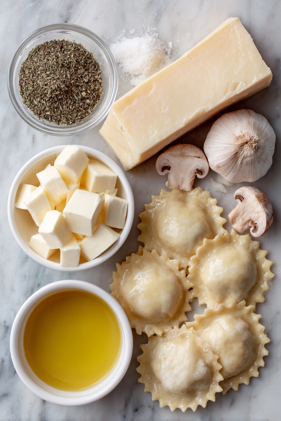 Creamy Mushroom Ravioli Skillet, mushroom ravioli dinner, quick mushroom pasta, easy creamy ravioli recipe, one-pan mushroom meal - Flat lay of fresh mushroom ravioli with ruffled edges, a small pile of thinly sliced cremini mushrooms, three whole garlic cloves with smooth pale skins, a few small cubes of creamy butter, a small white ceramic bowl filled with golden olive oil, a small white ceramic bowl with thick heavy cream, a small white ceramic bowl containing clear golden chicken broth, a small heap of mixed dried Italian herbs, a small pile of coarse sea salt crystals, and a small mound of freshly cracked black peppercorns placed on a clean white marble surface, soft natural light, photo taken with an iPhone, professional food photography style, fresh ingredients, white ceramic bowls, no bottles, no duplicates, no utensils, no packaging --ar 2:3 --v 7 --p m7354615311229779997
