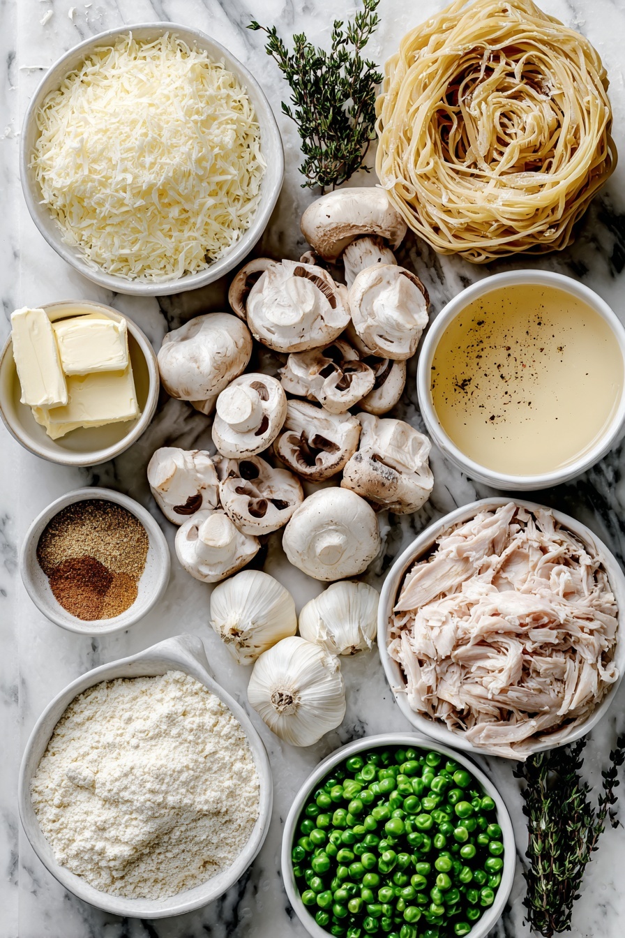 Creamy Turkey Tetrazzini Bake, Turkey Tetrazzini casserole, easy Turkey Tetrazzini, comforting pasta bake, cheesy turkey casserole - Flat lay of six tablespoons of unsalted butter in two small white ceramic bowls, a white ceramic bowl with sliced fresh cremini mushrooms, a white ceramic bowl with chopped pale shallots, two whole uncracked garlic cloves, a small pile of fresh thyme leaves, a small white ceramic bowl of all-purpose flour, a small white ceramic bowl of golden chicken broth, a small white ceramic bowl of whole milk, a small white ceramic bowl of heavy cream, a small white ceramic bowl of dry sherry, a small heap of ground nutmeg, a small white ceramic bowl filled with grated Parmigiano Reggiano, a small white ceramic bowl of bright green frozen peas, a neat pile of shredded cooked turkey breast, a small white ceramic bowl with chopped Italian parsley, a bundle of dry linguine snapped in half, a small white ceramic bowl of unseasoned panko breadcrumbs, and a small white ceramic bowl of melted unsalted butter arranged with perfect symmetry, placed on a clean white marble surface, soft natural light, photo taken with an iPhone, professional food photography style, fresh ingredients, white ceramic bowls, no bottles, no duplicates, no utensils, no packaging --ar 2:3 --v 7 --p m7354615311229779997