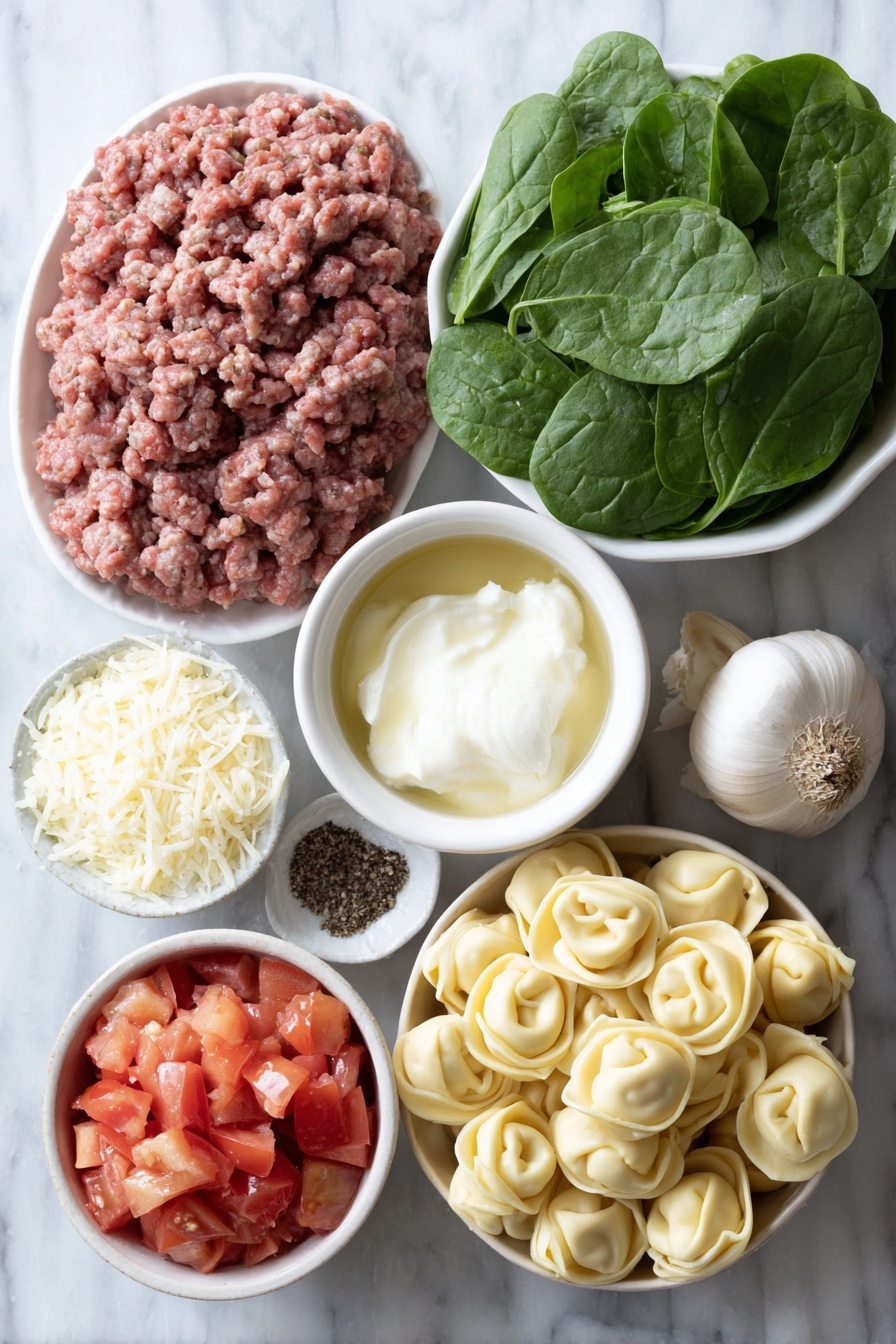 Creamy Sausage Tortellini Skillet, sausage tortellini dinner, easy one-pan pasta recipe, hearty sausage skillet, quick creamy pasta - Flat lay of fresh crumbled Italian sausage meat, three peeled garlic cloves, a small white ceramic bowl of chicken broth, a small white ceramic bowl filled with diced ripe tomatoes with juices, a small white ceramic bowl of heavy cream, a handful of fresh refrigerated cheese tortellini, two loosely packed cups of vibrant fresh baby spinach leaves, a small white ceramic bowl of coarse salt, a small white ceramic bowl of cracked black peppercorns, and a small mound of freshly grated parmesan cheese on a simple white ceramic dish, placed on a clean white marble surface, soft natural light, photo taken with an iPhone, professional food photography style, fresh ingredients, white ceramic bowls, no bottles, no duplicates, no utensils, no packaging --ar 2:3 --v 7 --p m7354615311229779997