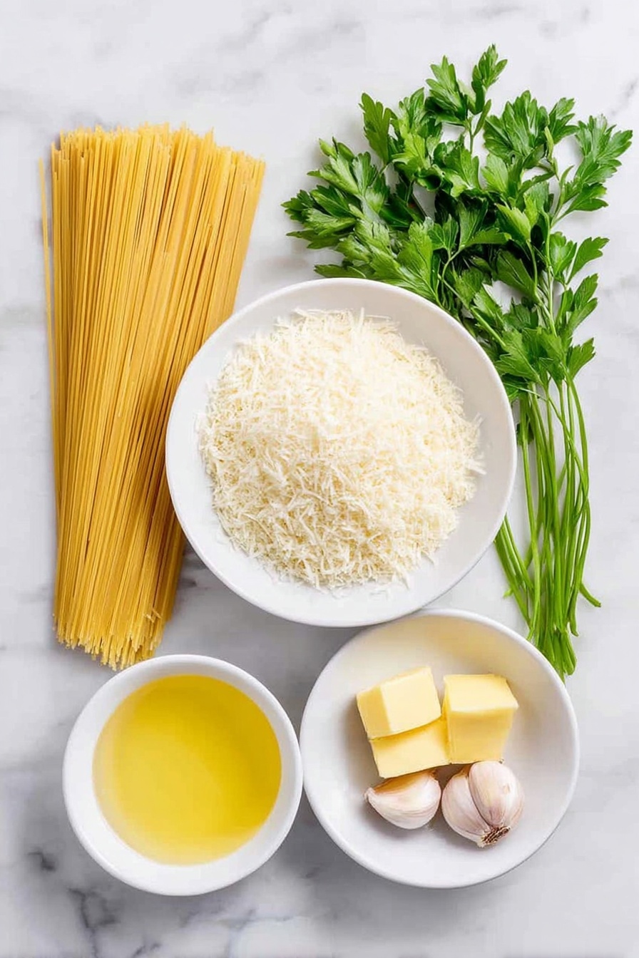 Garlic Parmesan Pasta in One Pot, easy one pot pasta, creamy garlic pasta, quick weeknight dinner, cheesy pasta recipe - Flat lay of a small pile of finely grated Parmesan cheese on a simple white ceramic plate, three tablespoons of golden butter in a small white bowl, four fresh garlic cloves peeled and whole, a small white bowl filled with clear chicken broth, a small white bowl of fresh whole milk, a neat bundle of uncooked angel hair pasta, and a few sprigs of vibrant fresh parsley arranged symmetrically around the ingredients, placed on a clean white marble surface, soft natural light, photo taken with an iPhone, professional food photography style, fresh ingredients, white ceramic bowls, no bottles, no duplicates, no utensils, no packaging --ar 2:3 --v 7 --p m7354615311229779997