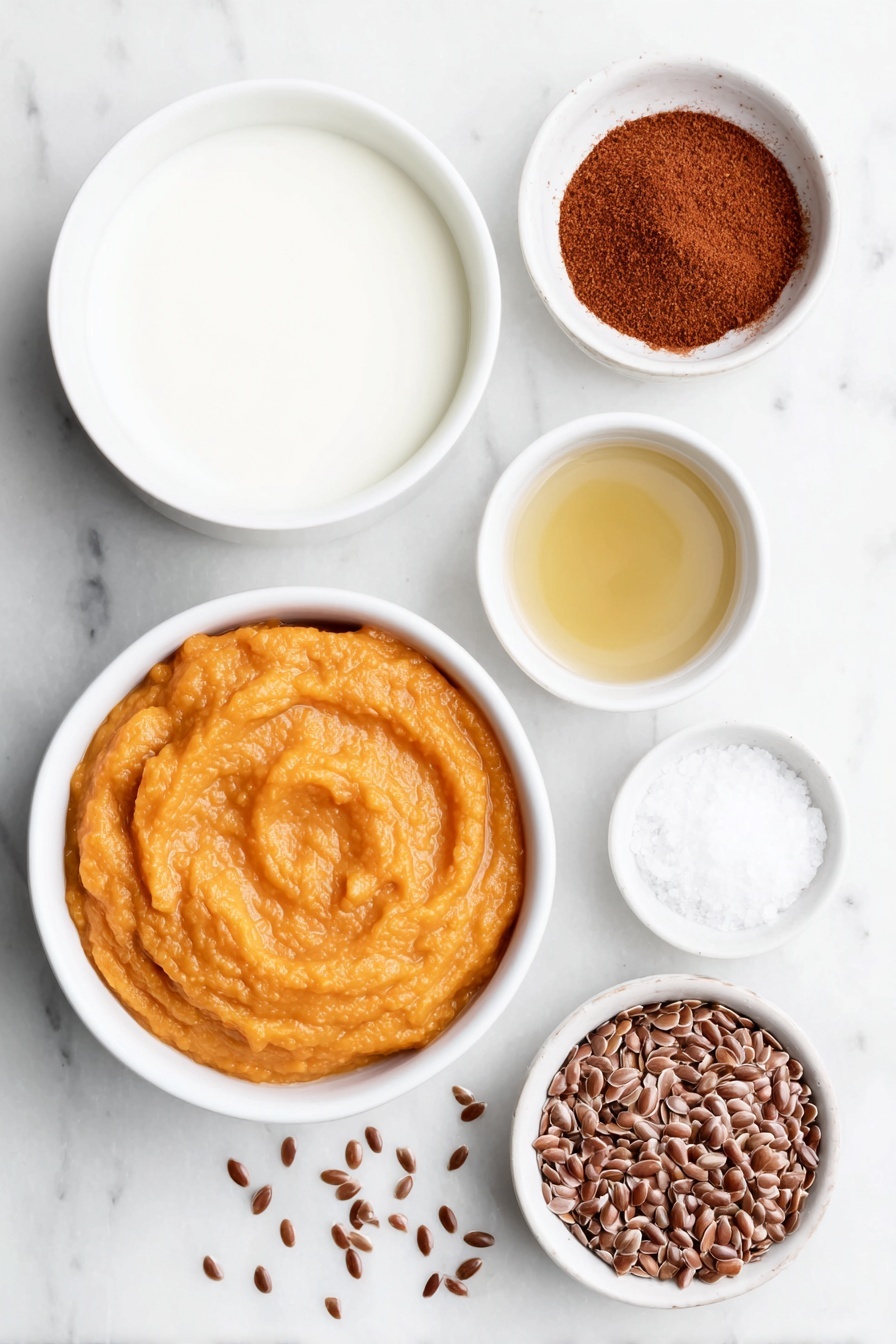 Healthy Pumpkin Chia Seed Pudding, Pumpkin Chia Seed Pudding, Nourishing Pumpkin Pudding, Easy Pumpkin Dessert, Wholesome Pumpkin Snack - Flat lay of a small white ceramic bowl of smooth bright orange pumpkin puree, a few whole brown chia seeds sprinkled next to it on the white marble surface, a small white bowl filled with creamy milk, another small white bowl containing amber maple syrup, a tiny white bowl with reddish-brown pumpkin pie spice powder, and a very small white bowl holding fine white salt crystals, all ingredients fresh and natural, perfectly arranged in balanced symmetry, placed on a clean white marble surface, soft natural light, photo taken with an iPhone, professional food photography style, fresh ingredients, white ceramic bowls, no bottles, no duplicates, no utensils, no packaging --ar 2:3 --v 7 --p m7354615311229779997