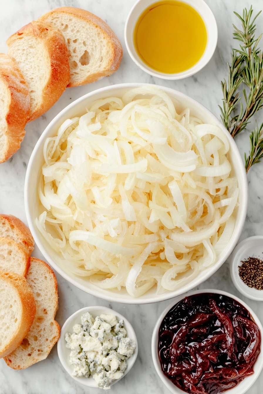 Caramelized Onion Fig Jam Crostini, caramelized onion fig jam appetizer, fig jam crostini with blue cheese, easy appetizer with caramelized onions, gourmet crostini recipes - Flat lay of a large peeled vidalia onion halved and thinly sliced, a small white bowl of extra-virgin olive oil, a small white bowl of kosher salt, a small white bowl of balsamic vinegar, several thinly sliced rounds of a fresh baguette arranged neatly, a small white bowl filled with dark purple fig preserves, a small white bowl with crumbly blue cheese, two fresh rosemary sprigs torn into pieces, and a small white bowl of freshly ground black pepper, all placed on a clean white marble surface, soft natural light, photo taken with an iPhone, professional food photography style, fresh ingredients, white ceramic bowls, no bottles, no duplicates, no utensils, no packaging --ar 2:3 --v 7 --p m7354615311229779997