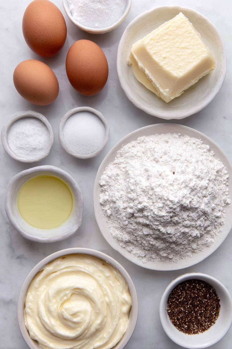 Eggnog Bread Holiday Bread Festive Eggnog Bread Christmas Bread Easy Eggnog Bread - Flat lay of two whole uncracked brown eggs, a small white ceramic bowl of granulated sugar, a small white ceramic bowl filled with creamy pale yellow eggnog, a small white ceramic bowl with melted golden butter, a small white ceramic bowl of clear vanilla extract, a simple mound of all-purpose flour on a white ceramic plate, a small white ceramic bowl with ground nutmeg, a small white ceramic bowl of baking powder, a small white ceramic bowl of fine salt, a small white ceramic bowl of powdered sugar, and a small white ceramic bowl with additional eggnog for icing, accompanied by a sprinkle of whole nutmeg seeds arranged neatly beside the bowls, all ingredients fresh and natural, perfectly balanced and symmetrical layout, placed on a clean white marble surface, soft natural light, photo taken with an iPhone, professional food photography style, fresh ingredients, white ceramic bowls, no bottles, no duplicates, no utensils, no packaging --ar 2:3 --v 7 --p m7354615311229779997