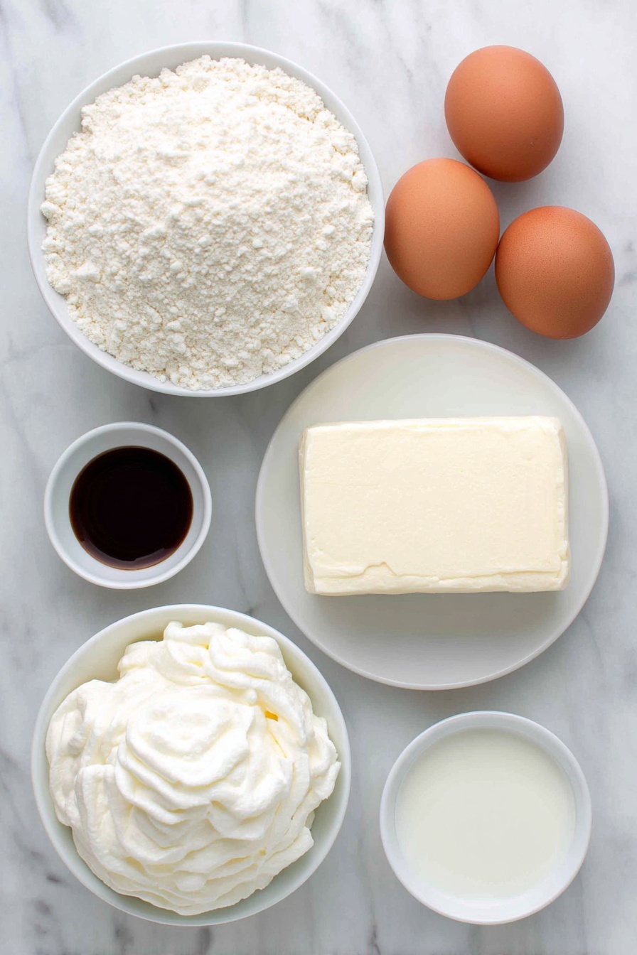 Christmas Sugar Cookie Dip, festive holiday dip, easy Christmas dessert, holiday party dip, sugar cookie flavor dip - Flat lay of a small mound of pale beige sugar cookie mix in a simple white ceramic bowl, a block of smooth cream cheese on a white plate, a small white bowl with creamy milk, two whole brown eggs with clean shells, a small white bowl of clear vanilla extract, a small white bowl of clear almond extract, and a fluffy scoop of thawed Cool Whip in a simple white bowl, all arranged in perfect symmetry and balanced proportions, placed on a clean white marble surface, soft natural light, photo taken with an iPhone, professional food photography style, fresh ingredients, white ceramic bowls, no bottles, no duplicates, no utensils, no packaging --ar 2:3 --v 7 --p m7354615311229779997