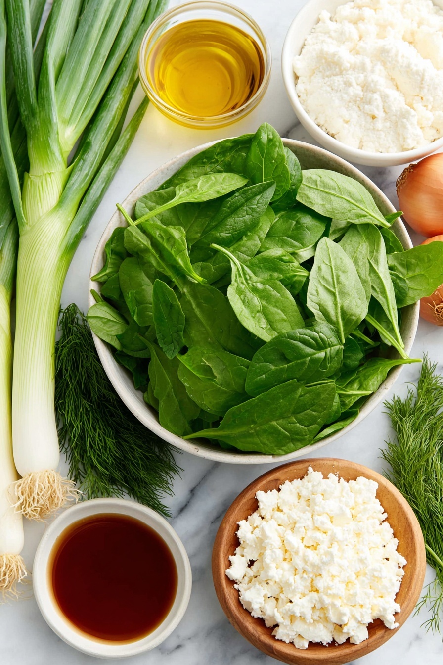 Homemade Spinach Spanakopita with Phyllo, Greek spinach pie recipe, homemade spanakopita, flaky phyllo spinach pie, Greek savory pie - Flat lay of fresh chopped spinach leaves in a simple white ceramic bowl, a small bowl of coarse sea salt crystals, a medium red onion whole and uncut, a few whole spring onions with both green and white parts, half a fresh leek whole and uncut, fresh dill sprigs, fresh spearmint leaves, a small bowl of crumbled ripe feta cheese, a small white bowl with extra virgin olive oil, a small white bowl with red wine vinegar, a small white bowl of all-purpose flour, a small white bowl of cornstarch, a ball of smooth phyllo dough resting, all arranged symmetrically on a clean white marble surface, soft natural light, photo taken with an iPhone, professional food photography style, fresh ingredients, white ceramic bowls, no bottles, no duplicates, no utensils, no packaging --ar 2:3 --v 7 --p m7354615311229779997