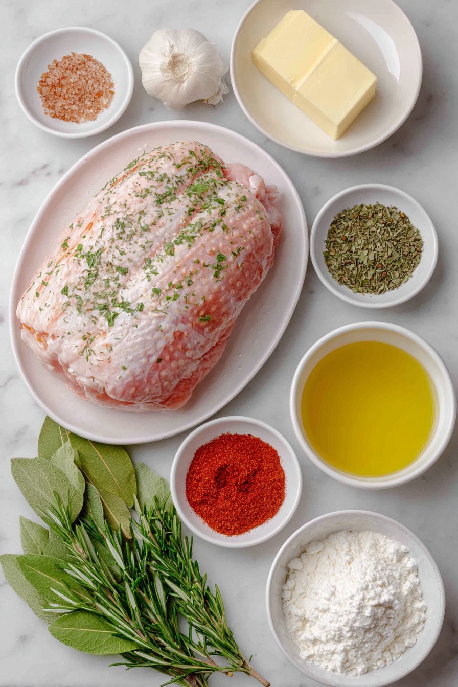 Roasted Turkey Breast with Homemade Gravy, turkey breast roast, homemade gravy recipe, juicy turkey breast, simple holiday turkey - Flat lay of a whole bone-in turkey breast with natural skin texture, a small softened pat of unsalted butter on a simple white ceramic plate, a white bowl holding a few tablespoons of light brown sugar crystals, a small white bowl of coarse salt, a small white bowl of cracked black peppercorns, a small white bowl with reddish smoked paprika powder, a small white bowl with dried green oregano leaves, two fresh garlic cloves peeled and whole, a small bunch of fresh mixed herbs (rosemary, thyme, and parsley) with vibrant green leaves, a small white bowl containing golden turkey drippings, a small white bowl with clear chicken stock, a small white bowl with white all-purpose flour, all arranged symmetrically and balanced, placed on a clean white marble surface, soft natural light, photo taken with an iPhone, professional food photography style, fresh ingredients, white ceramic bowls, no bottles, no duplicates, no utensils, no packaging --ar 2:3 --v 7 --p m7354615311229779997