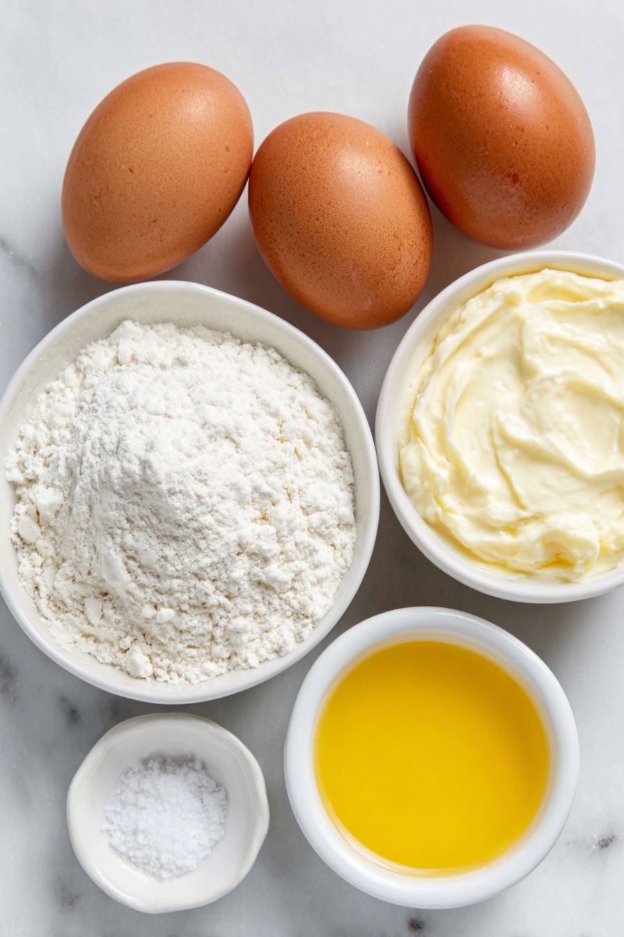 Perfect Yorkshire Pudding, Yorkshire Pudding recipe, how to make Yorkshire Pudding, crispy Yorkshire Pudding, fluffy Yorkshire Pudding - Flat lay of four large whole brown eggs with clean shells, a small mound of all-purpose flour on a simple white ceramic plate, a small white bowl filled with whole milk, a smaller white bowl containing clear water, a pinch of kosher salt neatly arranged in a tiny white dish, and a small white bowl holding golden beef drippings, all placed symmetrically on a clean white marble surface, soft natural light, photo taken with an iPhone, professional food photography style, fresh ingredients, white ceramic bowls, no bottles, no duplicates, no utensils, no packaging --ar 2:3 --v 7 --p m7354615311229779997