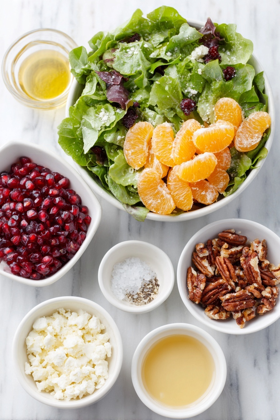 Winter Citrus Salad with Pomegranate and Feta, citrus and pomegranate salad, winter fruit salad, refreshing citrus salad, healthy winter salad - Flat lay of fresh mixed spring greens loosely piled, bright orange mandarin segments neatly arranged, a small pile of glossy red pomegranate seeds, crumbled creamy white feta cheese, roughly chopped candied pecans, a small white ceramic bowl with golden olive oil, another small white bowl with thick honey, a small white bowl containing smooth Dijon mustard, a small white bowl holding pale amber apple cider vinegar, a small white bowl with finely minced shallot, neatly arranged salt and pepper grains in tiny white bowls, all placed on a clean white marble surface, soft natural light, photo taken with an iPhone, professional food photography style, fresh ingredients, white ceramic bowls, no bottles, no duplicates, no utensils, no packaging --ar 2:3 --v 7 --p m7354615311229779997