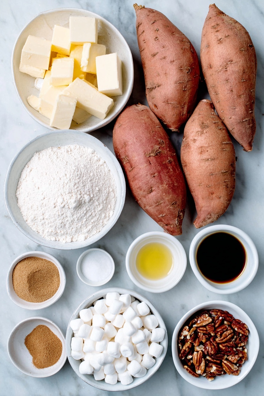 Sweet Potato Casserole with Marshmallows, holiday sweet potato casserole, festive sweet potato side dish, marshmallow-topped sweet potato bake, Thanksgiving sweet potato gratin - Flat lay of peeled and chopped large sweet potatoes, a small white ceramic bowl of unsalted butter cubes, a small white ceramic bowl of light brown sugar, a small white ceramic bowl of fine cinnamon powder, a small white ceramic bowl of ground nutmeg, a small white ceramic bowl of fine salt, a small white ceramic bowl of golden vanilla extract, a small white ceramic bowl of melted butter, a small white ceramic bowl of all purpose flour, a small white ceramic bowl of finely chopped pecan pieces, and a small white ceramic bowl filled with white mini marshmallows, all arranged in perfect symmetry on a clean white marble surface, soft natural light, photo taken with an iPhone, professional food photography style, fresh ingredients, white ceramic bowls, no bottles, no duplicates, no utensils, no packaging --ar 2:3 --v 7 --p m7354615311229779997