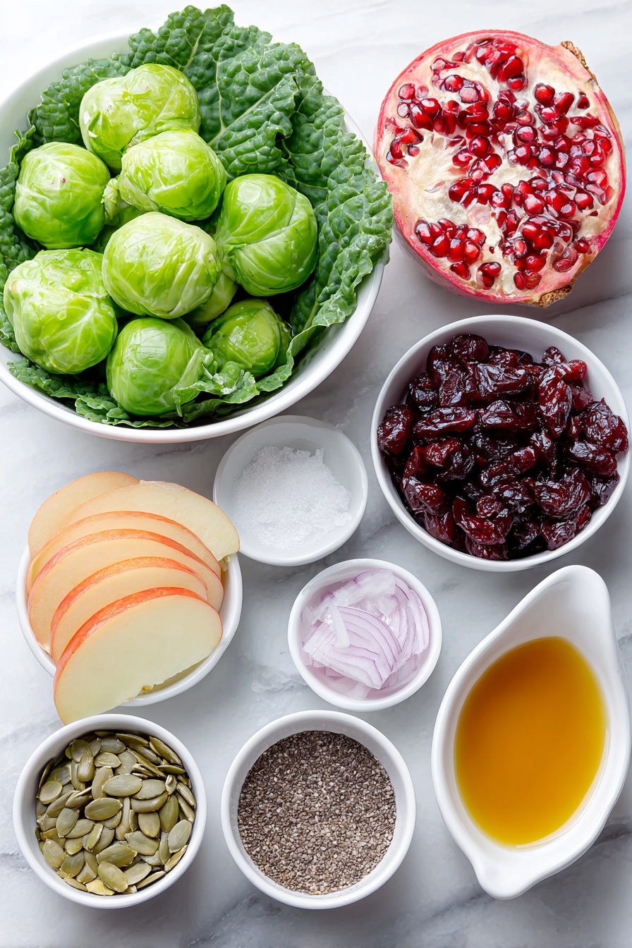 Shaved Brussels Sprouts Salad with Pomegranate, Brussels Sprouts Salad, Pomegranate Salad Recipe, Healthy Brussels Sprouts Salad, Vibrant Vegetable Salad - Flat lay of fresh bright green Brussels sprouts, thinly sliced Dino kale leaves, a small mound of plump dried cranberries, diced red onion pieces, a handful of sunflower seeds, thinly sliced crisp apple rounds, vibrant ruby red pomegranate seeds, a small white ceramic bowl of golden extra virgin olive oil, a small white ceramic bowl of amber maple syrup, a small white ceramic bowl of apple cider vinegar, a small white ceramic bowl of smooth Dijon mustard, a small white ceramic bowl with coarse sea salt, a small white ceramic bowl of cracked black pepper, all arranged in perfect symmetry on a clean white marble surface, soft natural light, photo taken with an iPhone, professional food photography style, fresh ingredients, white ceramic bowls, no bottles, no duplicates, no utensils, no packaging --ar 2:3 --v 7 --p m7354615311229779997