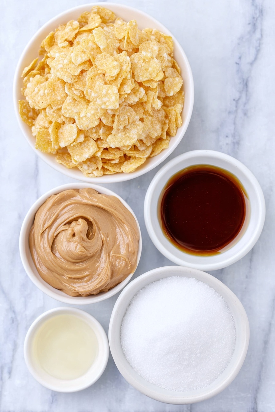 Peanut Butter Cornflake Candy, no-bake candy recipes, easy homemade treats, sweet salty crunchy snacks, quick peanut butter snacks - Flat lay of a crisp pile of golden corn flakes, a small white ceramic bowl filled with glossy amber corn syrup, another white bowl containing fine white granulated sugar, a small white bowl holding smooth creamy peanut butter, and a tiny white bowl with clear vanilla extract, all arranged symmetrically and balanced, placed on a clean white marble surface, soft natural light, photo taken with an iPhone, professional food photography style, fresh ingredients, white ceramic bowls, no bottles, no duplicates, no utensils, no packaging --ar 2:3 --v 7 --p m7354615311229779997