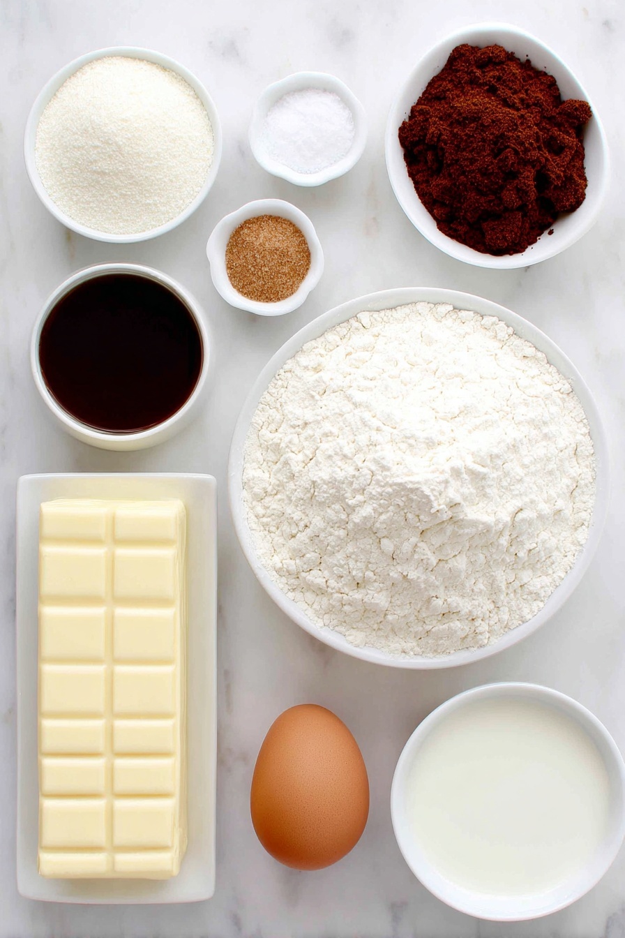 Soft Gingerbread Cookies, Gingerbread Cookies Recipe, Easy Gingerbread Cookies, Holiday Gingerbread Cookies, Chewy Gingerbread Cookies - Flat lay of a small mound of all-purpose flour, a small white bowl with fine baking soda powder, a small white bowl containing ground cinnamon, a small white bowl with ground ginger, a small white bowl of ground cloves, a small white bowl with coarse sea salt, a block of softened butter, a small pile of packed brown sugar, a small white bowl filled with dark molasses syrup, one large whole egg with a clean shell, a small white bowl holding clear vanilla extract, a small white bowl with powdered sugar, a small white bowl with fresh milk placed on a clean white marble surface, soft natural light, photo taken with an iPhone, professional food photography style, fresh ingredients, white ceramic bowls, no bottles, no duplicates, no utensils, no packaging --ar 2:3 --v 7 --p m7354615311229779997