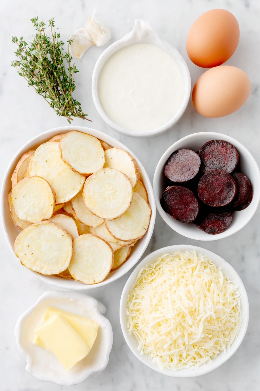 Cheesy Root Vegetable Gratin, root vegetable gratin, cheesy vegetable bake, baked root vegetables, vegetable side dish - Flat lay of a few long peeled sweet potatoes sliced into thin rounds in a simple white ceramic bowl, several peeled parsnips cut into thin rounds in another white ceramic bowl, a handful of peeled small beets sliced into thin rounds in a third white ceramic bowl, a small white ceramic bowl filled with heavy cream, a small white ceramic bowl with grated Parmesan cheese, a small white ceramic bowl holding shredded Gruyere cheese, a fresh small bunch of thyme sprigs, one garlic clove unpeeled, a small pat of unsalted butter, whole uncracked brown eggs, all arranged in perfect symmetrical balance, placed on a clean white marble surface, soft natural light, photo taken with an iPhone, professional food photography style, fresh ingredients, white ceramic bowls, no bottles, no duplicates, no utensils, no packaging --ar 2:3 --v 7 --p m7354615311229779997