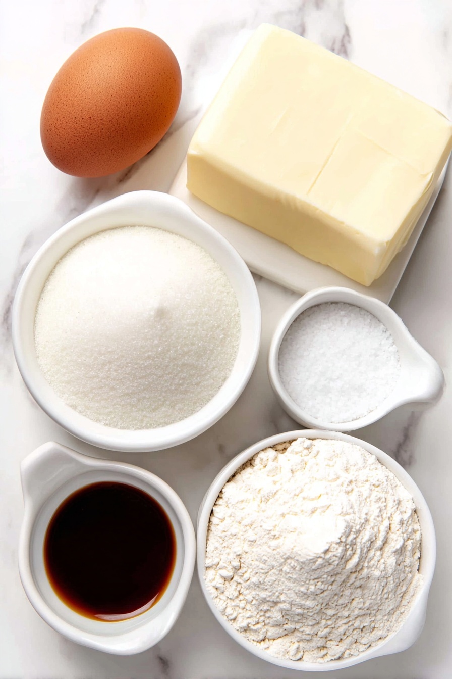 Spritz Cookies, Easy Spritz Cookies, Holiday Cookie Recipes, Butter Cookie Recipe, Festive Cookie Ideas - Flat lay of a smooth pale yellow slab of unsalted butter, a small white ceramic bowl filled with fine white granulated sugar, a single large brown egg with an uncracked shell, a small white ceramic bowl holding clear vanilla extract, a small white ceramic bowl containing pale amber almond extract, a neat pile of white all-purpose flour, a small mound of fine white salt crystals in a white ceramic bowl, placed on a clean white marble surface, soft natural light, photo taken with an iPhone, professional food photography style, fresh ingredients, white ceramic bowls, no bottles, no duplicates, no utensils, no packaging --ar 2:3 --v 7 --p m7354615311229779997