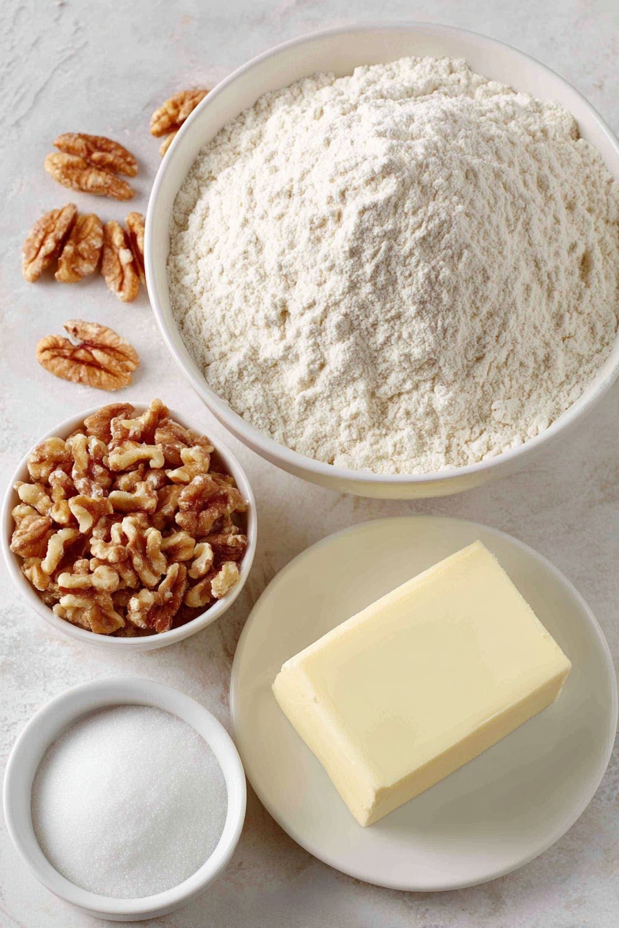 Thin Miso Soup with Tofu and Seaweed, Japanese miso soup, easy tofu seaweed soup, healthy vegan miso broth, comforting Japanese soup - Flat lay of a small mound of white flour in a simple white ceramic bowl, a small white bowl filled with finely chopped walnuts, a half cup of solid pale yellow butter block on a white ceramic plate, a small white bowl of fine white powdered sugar, all arranged with perfect symmetry and balanced proportions, placed on a clean white marble surface, soft natural light, photo taken with an iPhone, professional food photography style, fresh ingredients, white ceramic bowls, no bottles, no duplicates, no utensils, no packaging --ar 2:3 --v 7 --p m7354615311229779997