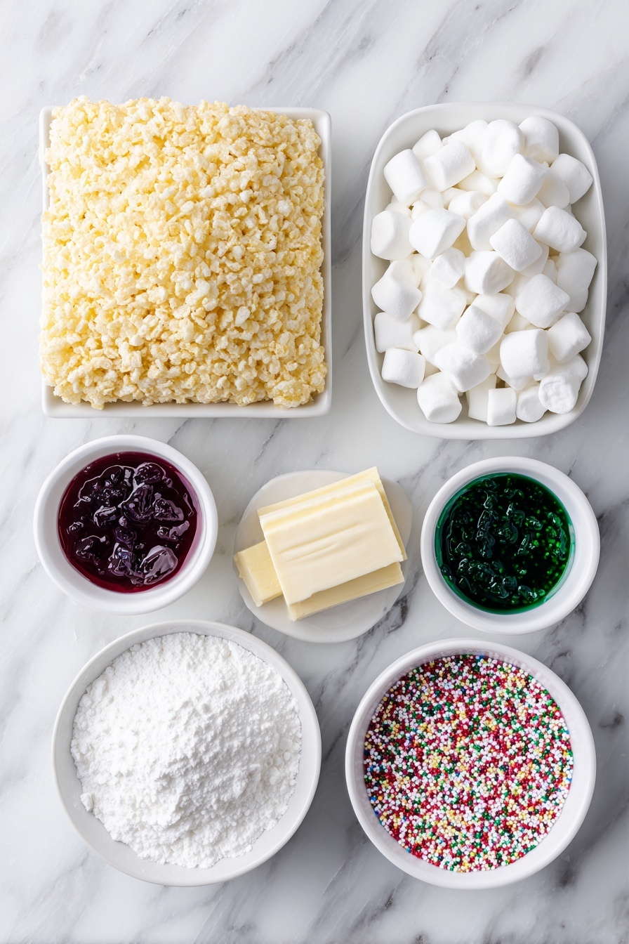 Christmas Rice Krispie Treats Bites, festive rice krispie treats, holiday marshmallow treats, Christmas party snacks, easy Christmas treats - Flat lay of a small mound of golden Rice Krispie cereal, a heap of white mini marshmallows, a few tablespoons of pale yellow butter sticks, three small white ceramic bowls each with bright red, deep green, and pure white dyes in liquid form, and a small white bowl filled with colorful nonpareils Christmas sprinkles, all arranged symmetrically and neatly, placed on a clean white marble surface, soft natural light, photo taken with an iPhone, professional food photography style, fresh ingredients, white ceramic bowls, no bottles, no duplicates, no utensils, no packaging --ar 2:3 --v 7 --p m7354615311229779997