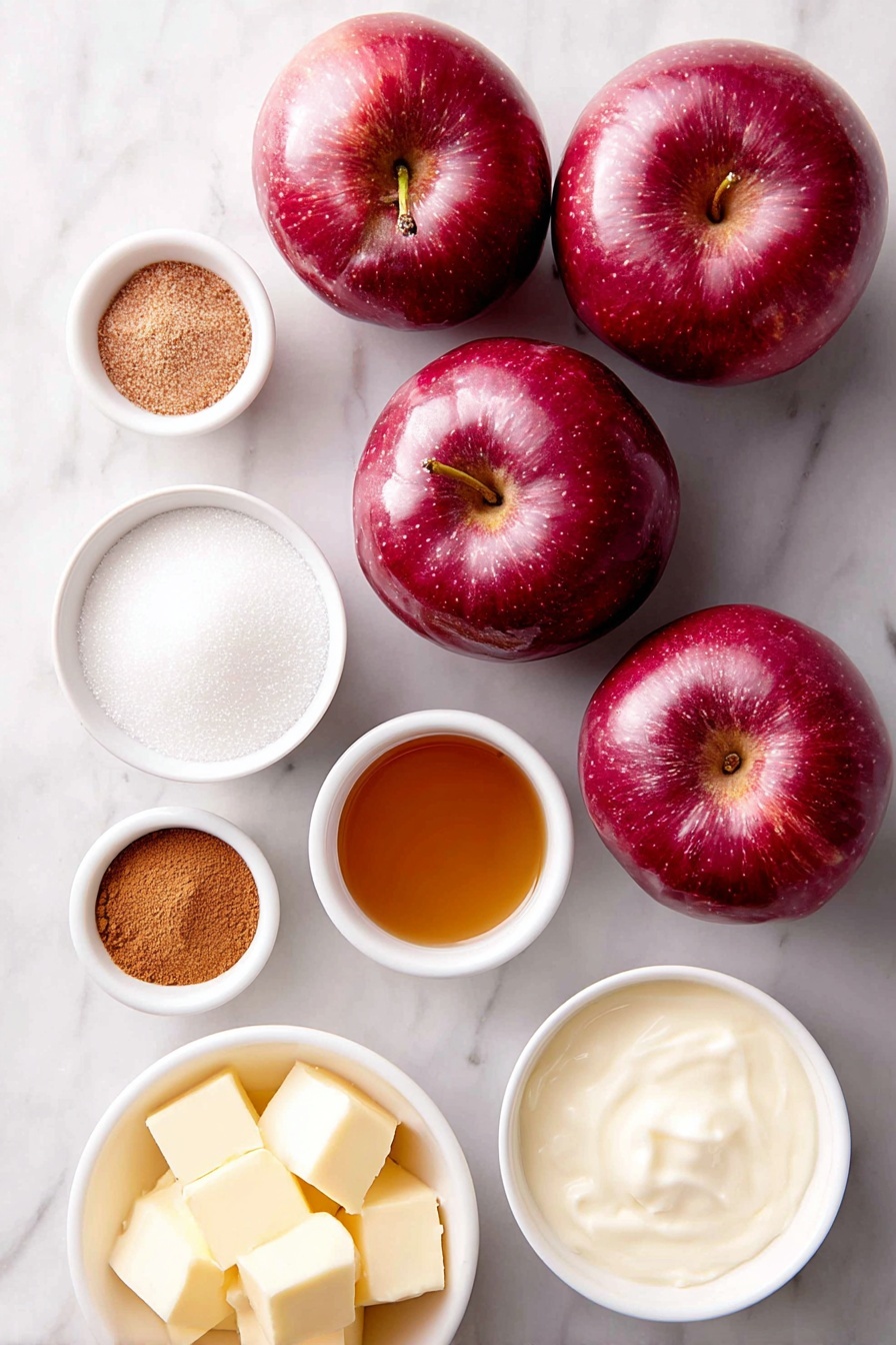 Apple Cider Caramels, fall caramel treats, homemade caramel candies, spiced caramel recipes, cozy autumn sweets - Flat lay of fresh whole red apples with shiny skins, a small white ceramic bowl of golden light corn syrup, a small white ceramic bowl filled with granulated white sugar, a few cubes of pale yellow unsalted butter, a small white ceramic bowl of smooth heavy whipping cream, a small white ceramic bowl containing ground cinnamon with a warm reddish-brown color, a small white ceramic bowl with fine nutmeg powder in light brown, a tiny white ceramic bowl holding a pinch of ground cloves, and a small white ceramic bowl with amber apple cider liquid, all arranged symmetrically and balanced on a clean white marble surface, soft natural light, photo taken with an iPhone, professional food photography style, fresh ingredients, white ceramic bowls, no bottles, no duplicates, no utensils, no packaging --ar 2:3 --v 7 --p m7354615311229779997