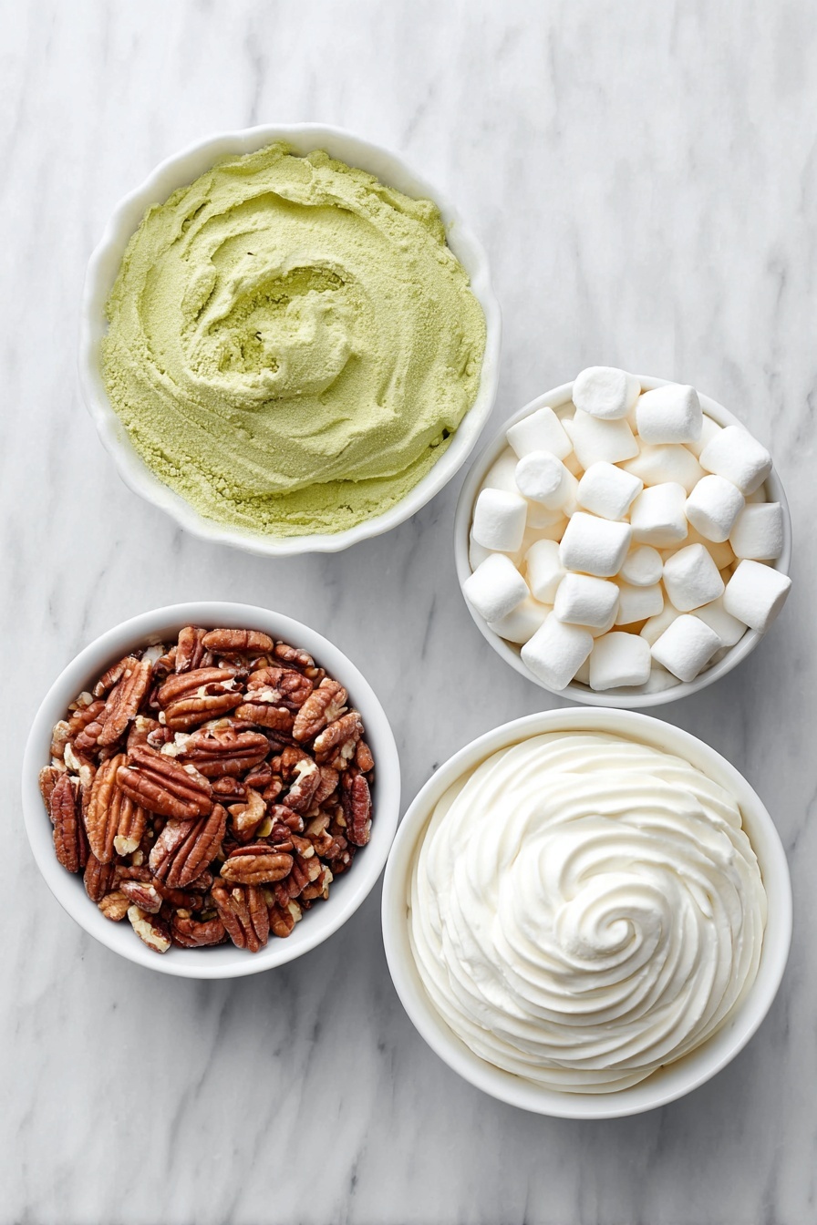 Easy Watergate Salad, Watergate Salad with Pineapple and Marshmallows, Pineapple Marshmallow Salad, Retro Watergate Salad, Simple Party Salad - Flat lay of a small white ceramic bowl filled with vibrant green instant pistachio pudding powder, a simple white bowl holding golden crushed pineapple with juice, a neat pile of small, fluffy white mini marshmallows directly on the surface, roughly chopped pecans arranged in a small white bowl, and a smooth dome of creamy white Cool Whip in another white bowl, all ingredients fresh and natural, perfectly spaced in balanced symmetry, placed on a clean white marble surface, soft natural light, photo taken with an iPhone, professional food photography style, fresh ingredients, white ceramic bowls, no bottles, no duplicates, no utensils, no packaging --ar 2:3 --v 7 --p m7354615311229779997