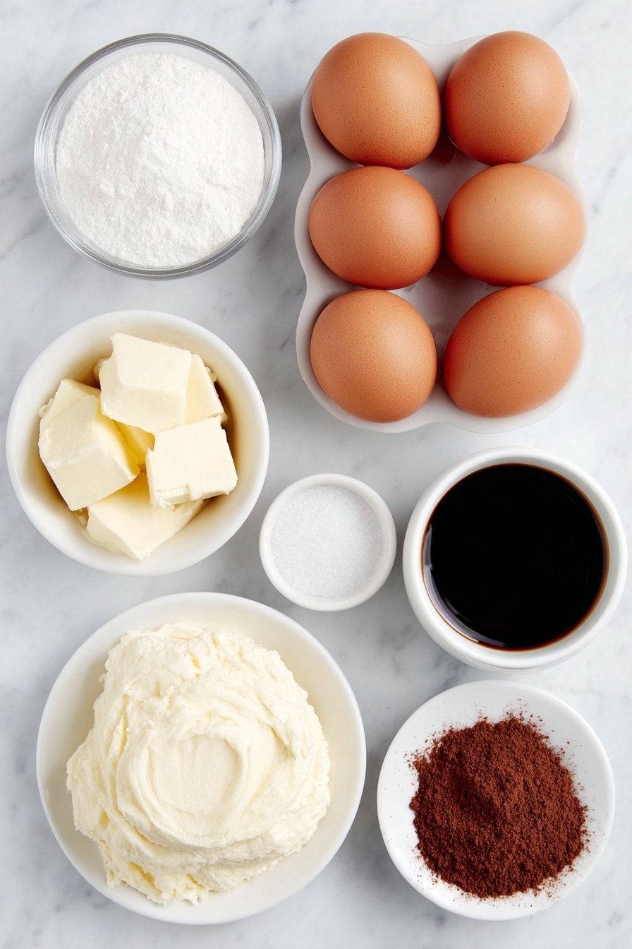 Easy Classic Tiramisu, Italian dessert, homemade tiramisu, simple tiramisu recipe, creamy coffee dessert - Flat lay of six whole large brown eggs with clean shells, a small white ceramic bowl filled with granulated sugar, a small white ceramic bowl holding a pinch of salt, a mound of cold mascarpone cheese on a simple white ceramic plate, a small white ceramic bowl containing pure vanilla extract, a small white ceramic bowl of thick cold heavy whipping cream, a small white ceramic bowl with cold dark espresso, a small white ceramic bowl with clear amber Kahlua liqueur, and a neat stack of fresh crunchy ladyfingers arranged beside a small white ceramic plate dusted lightly with unsweetened cocoa powder, all placed on a clean white marble surface, soft natural light, photo taken with an iPhone, professional food photography style, fresh ingredients, white ceramic bowls, no bottles, no duplicates, no utensils, no packaging --ar 2:3 --v 7 --p m7354615311229779997