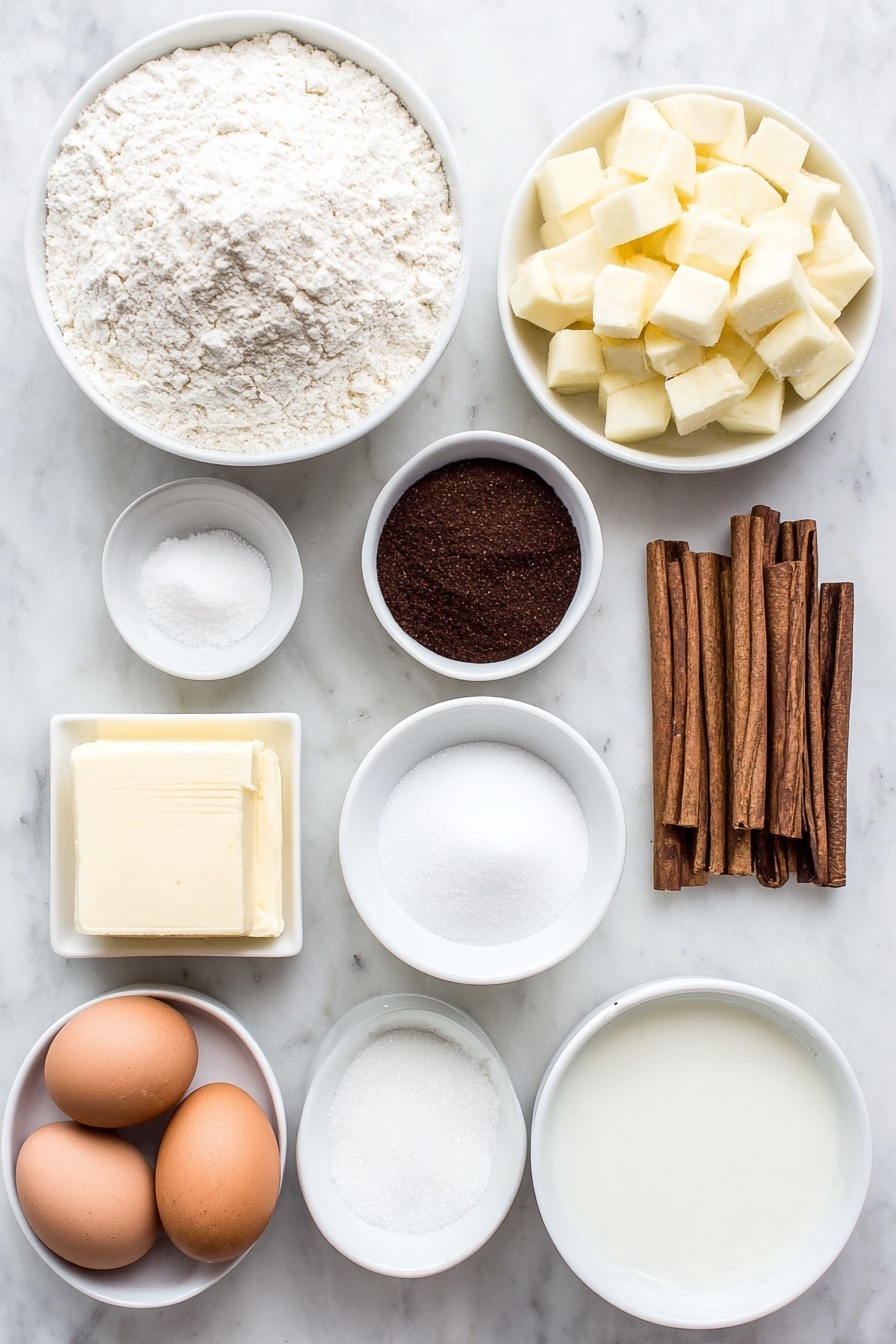 Apple Spice Cake with Caramel Icing, apple spice cake, caramel icing cake, fall dessert recipes, cozy cake with apples - Flat lay of a small mound of sifted cake flour, a small white ceramic bowl of white sugar, a small white ceramic bowl of dark brown sugar, a neat pile of whole brown cinnamon sticks, a small heap of ground nutmeg, a small pile of salt crystals, a few tablespoons of unsalted butter at room temperature shaped into a smooth square, a small white ceramic bowl of buttermilk, three whole uncracked brown eggs, a few fresh whole apples alongside a small white ceramic bowl filled with diced apples, a small white ceramic bowl of unsweetened applesauce, a small white ceramic bowl of vanilla extract, a small white ceramic bowl of powdered sugar, a small white ceramic bowl of milk, and a small white ceramic bowl with melting butter, all arranged symmetrically and balanced on a clean white marble surface, soft natural light, photo taken with an iPhone, professional food photography style, fresh ingredients, white ceramic bowls, no bottles, no duplicates, no utensils, no packaging --ar 2:3 --v 7 --p m7354615311229779997