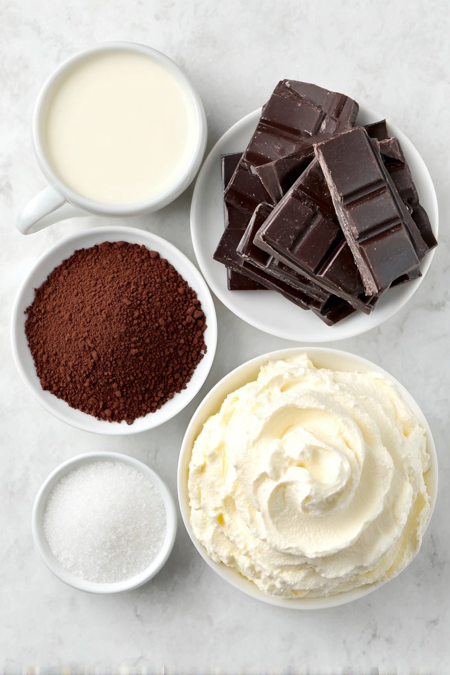 Homemade Hot Chocolate, easy hot chocolate recipe, creamy hot chocolate, rich hot chocolate drink, winter warm-up recipes - Flat lay of a small white ceramic bowl of whole milk, a small white ceramic bowl of granulated sugar, a small white ceramic bowl filled with unsweetened cocoa powder, a small white ceramic plate holding a few chunk pieces of bittersweet chocolate, a small white ceramic bowl containing pure vanilla extract, and a small white ceramic bowl of fresh homemade whipped cream, arranged in perfect symmetry and realistic proportions, placed on a clean white marble surface, soft natural light, photo taken with an iPhone, professional food photography style, fresh ingredients, white ceramic bowls, no bottles, no duplicates, no utensils, no packaging --ar 2:3 --v 7 --p m7354615311229779997
