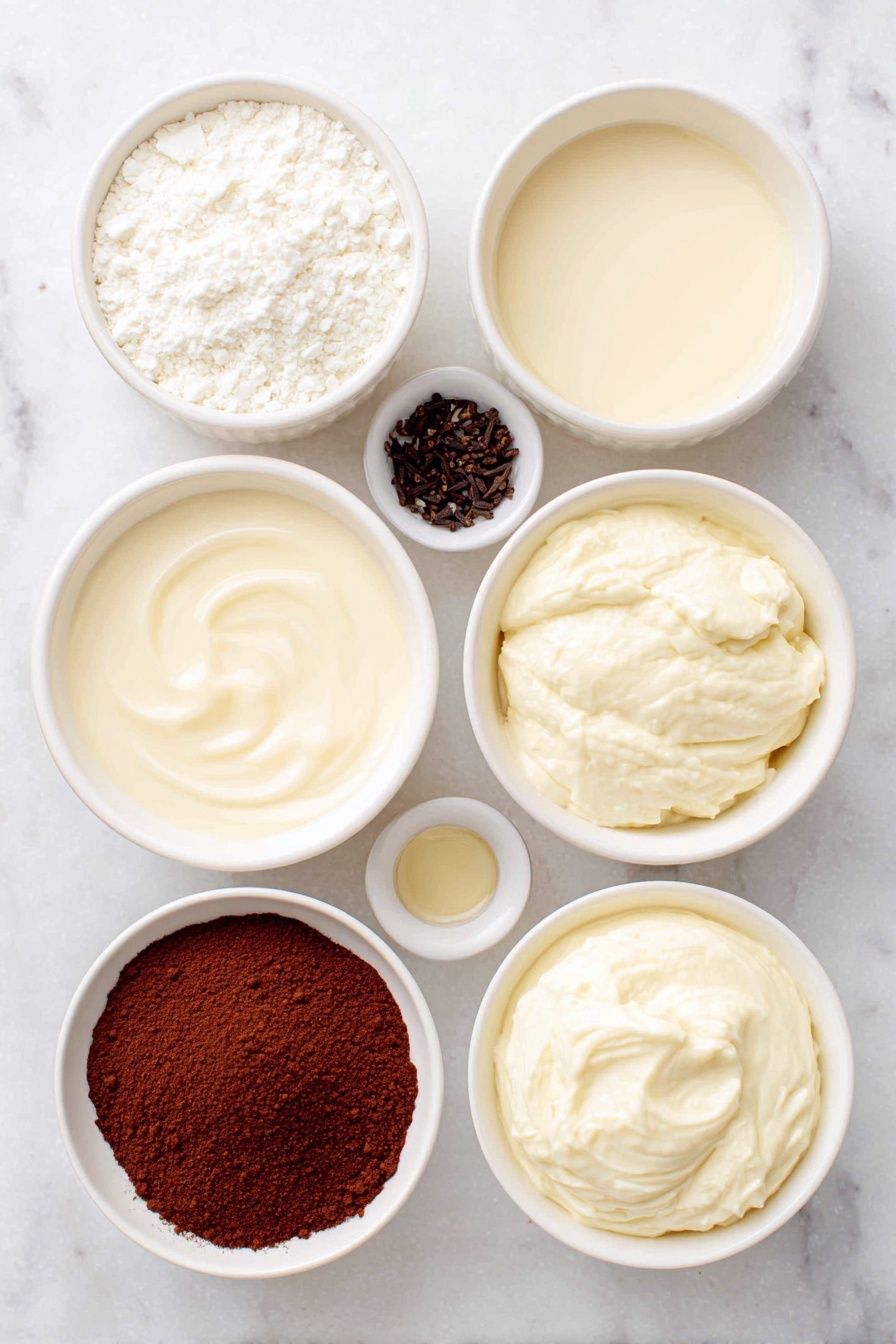 Puerto Rican Coconut Eggnog, Coconut Eggnog, Puerto Rican Coquito, Tropical Holiday Drinks, Vegan Eggnog - Flat lay of a small white ceramic bowl of sweetened condensed milk, a small white ceramic bowl of evaporated milk, a small white ceramic bowl of cream of coconut, a small white ceramic bowl with a few drops of vanilla extract, a small white ceramic bowl filled with ground cinnamon, a small white ceramic bowl with ground nutmeg, a small white ceramic bowl with ground cloves, and a small white ceramic bowl of white rum, all arranged in perfect symmetry and balanced proportions, placed on a clean white marble surface, soft natural light, photo taken with an iPhone, professional food photography style, fresh ingredients, white ceramic bowls, no bottles, no duplicates, no utensils, no packaging --ar 2:3 --v 7 --p m7354615311229779997