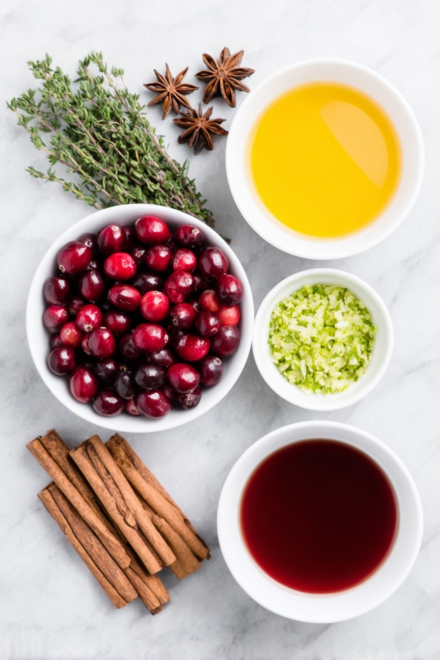 Festive Non-Alcoholic Christmas Punch, non-alcoholic holiday punch, Christmas punch recipe, holiday party drinks, easy Christmas punch - Flat lay of a small white ceramic bowl filled with deep red fresh cranberries, a few fresh green thyme sprigs neatly arranged beside six whole cinnamon sticks, six dark brown star anise pods, a small white bowl containing bright orange fresh orange juice, a small white bowl with vivid red sweetened cranberry juice, another small white bowl holding golden ginger ale, and a separate small white bowl with finely grated green lime zest, all ingredients fresh and natural, perfectly spaced in symmetrical balance on a clean white marble surface, soft natural light, photo taken with an iPhone, professional food photography style, fresh ingredients, white ceramic bowls, no bottles, no duplicates, no utensils, no packaging --ar 2:3 --v 7 --p m7354615311229779997