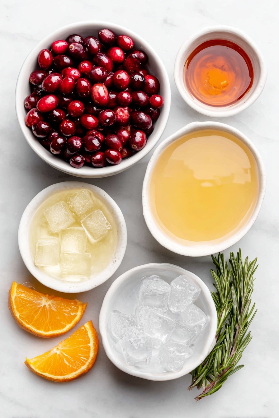 Christmas Cranberry Sparkling Punch, festive holiday punch, cranberry sparkling punch, holiday drink recipes, easy Christmas punch - Flat lay of fresh bright cranberries scattered naturally, a few vivid orange slices with visible juicy texture, a small white ceramic bowl filled with deep red cranberry juice, another small white bowl containing vibrant fresh orange juice, a third small white bowl holding golden sparkling apple cider with bubbles, a fourth small white bowl of light amber ginger ale, a small white bowl with irregular ice cubes, a small white bowl with clear vodka, fresh rosemary sprigs with deep green needles, all arranged symmetrically on a clean white marble surface, soft natural light, photo taken with an iPhone, professional food photography style, fresh ingredients, white ceramic bowls, no bottles, no duplicates, no utensils, no packaging --ar 2:3 --v 7 --p m7354615311229779997