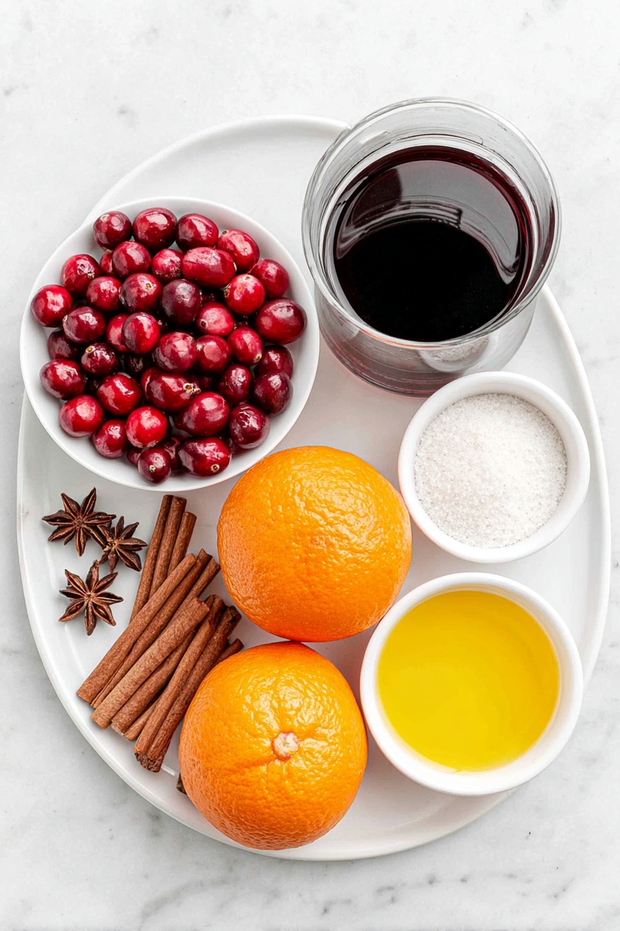 Easy German Mulled Wine, German Mulled Wine, Spiced Mulled Wine, Cozy Winter Drinks, Holiday Mulled Wine - Flat lay of two whole oranges, a small white bowl of fresh cranberries, six cinnamon sticks arranged neatly, four star anise pods, ten whole cloves scattered artfully, a small white bowl filled with granulated sugar, a small white bowl containing bright orange juice, and a simple glass carafe of deep red wine set on a simple white ceramic plate, all placed on a clean white marble surface, soft natural light, photo taken with an iPhone, professional food photography style, fresh ingredients, white ceramic bowls, no bottles, no duplicates, no utensils, no packaging --ar 2:3 --v 7 --p m7354615311229779997