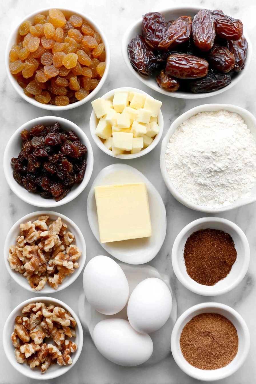 Festive Moist Fruit Cake, holiday fruit cake, moist fruit cake recipe, Christmas cake, festive dessert - Flat lay of a small white ceramic bowl filled with plump golden raisins, a few dried apricots chopped into small pieces beside it, a small white bowl holding bright red glace cherries cut into chunks, a neat pile of diced golden-brown dates, another small white bowl with finely diced sweet mixed peel, a block of pale yellow unsalted butter, a small white bowl of dark brown sugar mounded high, a small white bowl containing clear golden vegetable oil, a small white bowl with glossy dark molasses, three large whole uncracked brown eggs, a small white bowl of plain all-purpose flour, a small white bowl of chopped walnuts, and three small white bowls each holding ground cinnamon, nutmeg, and allspice respectively, all arranged with perfect symmetry on a clean white marble surface, soft natural light, photo taken with an iPhone, professional food photography style, fresh ingredients, white ceramic bowls, no bottles, no duplicates, no utensils, no packaging --ar 2:3 --v 7 --p m7354615311229779997