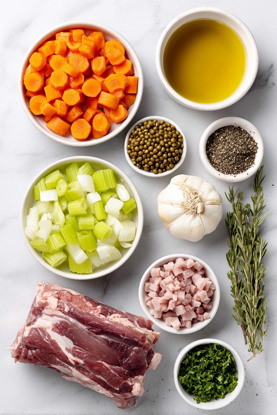 Hearty Split Pea Soup, hearty split pea soup, easy split pea soup recipe, comforting pea soup, healthy split pea soup - Flat lay of extra-virgin olive oil in a small white ceramic bowl, one medium peeled and diced onion, three fresh peeled and diced carrots, three crisp celery ribs diced, two whole garlic cloves unpeeled, a small white ceramic bowl of dried green split peas, a few dried thyme sprigs, a small white ceramic bowl of coarse kosher salt, a small white ceramic bowl of freshly ground black pepper, one fresh bay leaf, a meaty ham bone with some ham meat attached, a small white ceramic bowl of low-sodium chicken broth, a small white ceramic bowl of clear water, about one cup of diced fresh ham, and a small pile of finely chopped fresh parsley, all arranged with perfect symmetry on a clean white marble surface, soft natural light, photo taken with an iPhone, professional food photography style, fresh ingredients, white ceramic bowls, no bottles, no duplicates, no utensils, no packaging --ar 2:3 --v 7 --p m7354615311229779997