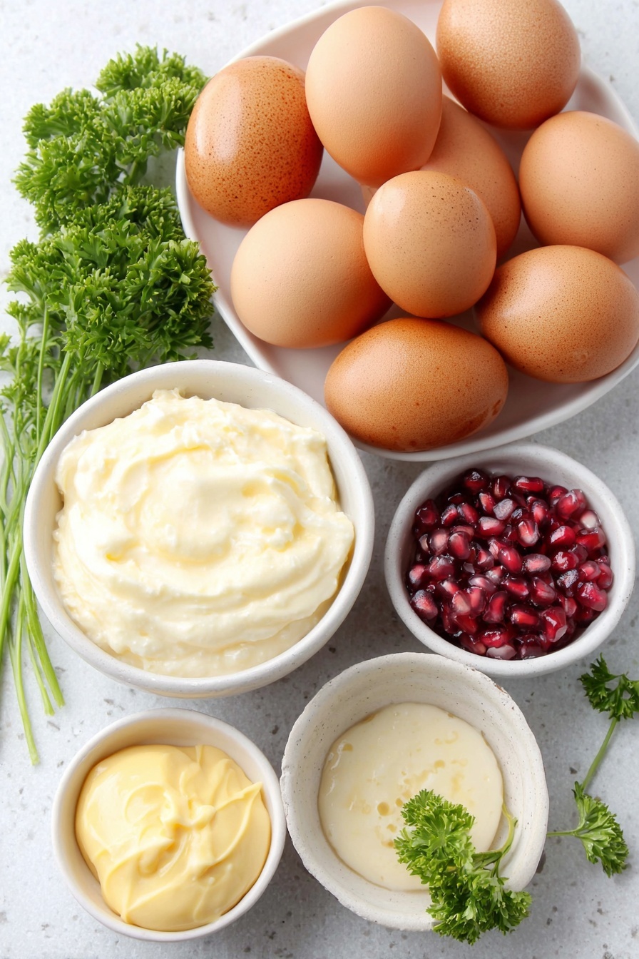 Festive Christmas Deviled Eggs, holiday deviled eggs, Christmas appetizer ideas, holiday party finger foods, festive egg recipes - Flat lay of a dozen whole uncracked brown eggs arranged neatly, a small white ceramic bowl filled with creamy olive oil mayonnaise, another small white bowl containing bright yellow mustard, three fresh parsley sprigs with vibrant green leaves, and a small white bowl holding glossy red pomegranate seeds, all placed on a clean white marble surface, soft natural light, photo taken with an iPhone, professional food photography style, fresh ingredients, white ceramic bowls, no bottles, no duplicates, no utensils, no packaging --ar 2:3 --v 7 --p m7354615311229779997