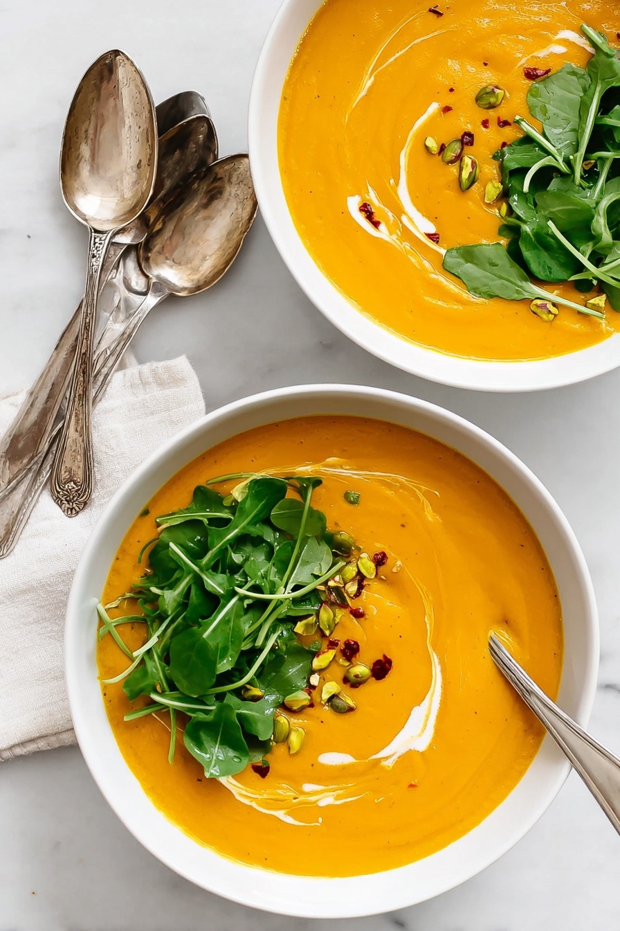 Creamy Sweet Potato Soup with Ginger, healthy sweet potato soup, cozy ginger soup recipe, easy creamy vegetable soup, comforting fall soup - Two white bowls filled with bright orange creamy soup with a smooth texture. Each bowl has a swirl of light cream mixed on one side. On top of the soup, there is a small heap of fresh green leafy watercress placed near the upper edge. Scattered on the soup near the watercress are small pieces of chopped green pistachios and tiny red pepper flakes. One bowl shows the silver spoon resting inside the soup on the right side. The bowls are placed on a white marbled surface with two vintage silver spoons placed beside the top bowl. Photo taken with an iphone --ar 2:3 --v 7