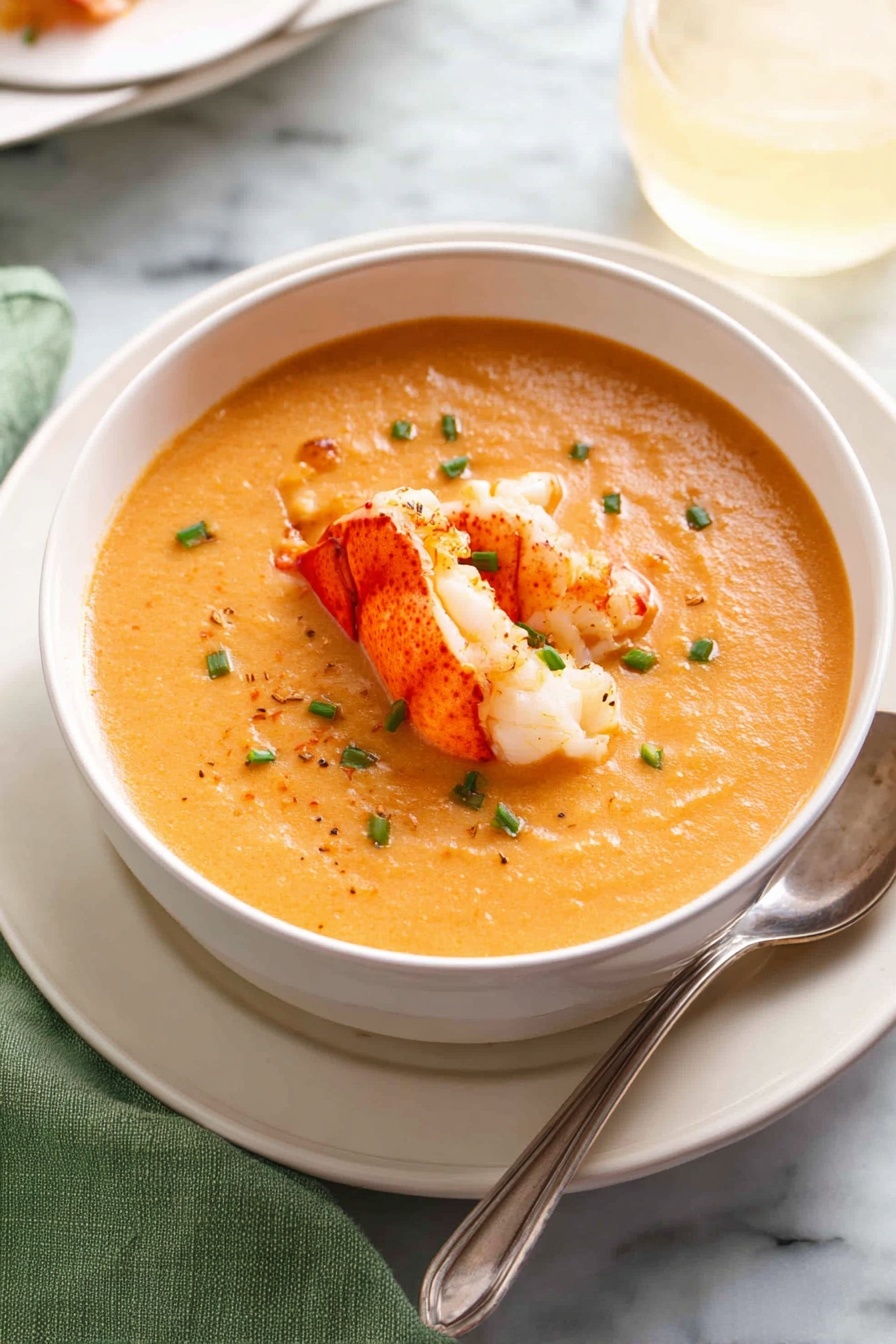 Creamy Lobster Bisque, lobster bisque recipe, seafood soup, luxurious lobster bisque, how to make lobster bisque - A white bowl filled with thick, creamy orange soup, topped with two pieces of cooked lobster claw meat that have a bright orange and white color and slightly shiny texture. The soup is sprinkled with small green chive pieces, and there is a silver spoon resting on the right side of the bowl. The bowl sits on a white plate over a white marbled surface, with a green cloth visible on the left and a pale yellow drink in a glass near the top right. photo taken with an iphone --ar 2:3 --v 7