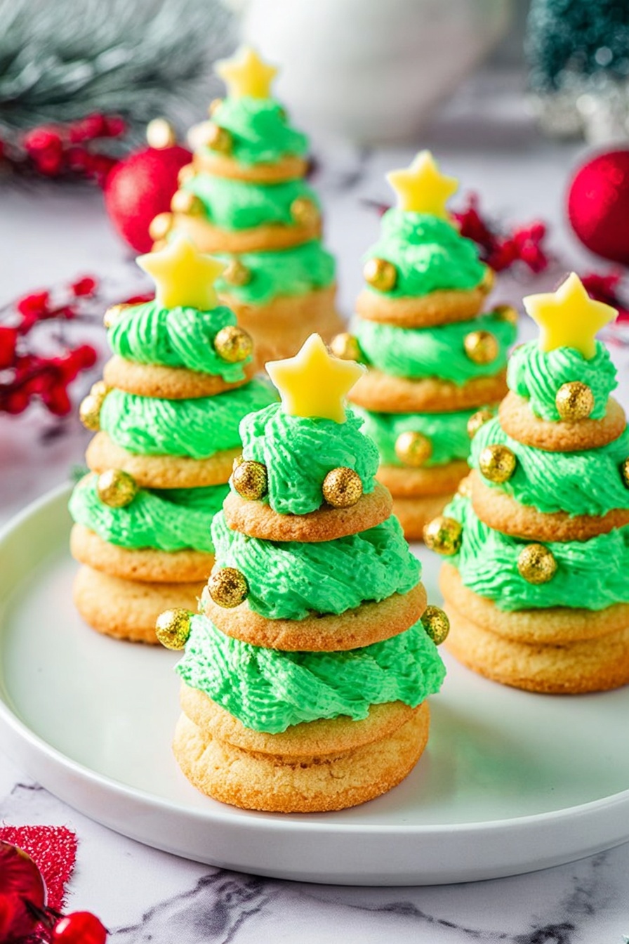 Christmas Tree Cookie Stackers, festive holiday cookies, Christmas cookie ideas, holiday cookie decorating, easy Christmas cookies - The image shows several small Christmas tree-shaped desserts made by stacking three round golden cookies with bright green frosting layers between each cookie, creating three distinct layers. The frosting is thick, textured, and piped in a way that forms a tree-like shape, with golden edible balls decorating the green frosting layers like ornaments. Each dessert is topped with a small yellow star decoration on the top layer of frosting. The cookies and frosting sit on a white plate placed on a white marbled surface, with some red berries and festive decorations in the background. photo taken with an iphone --ar 2:3 --v 7