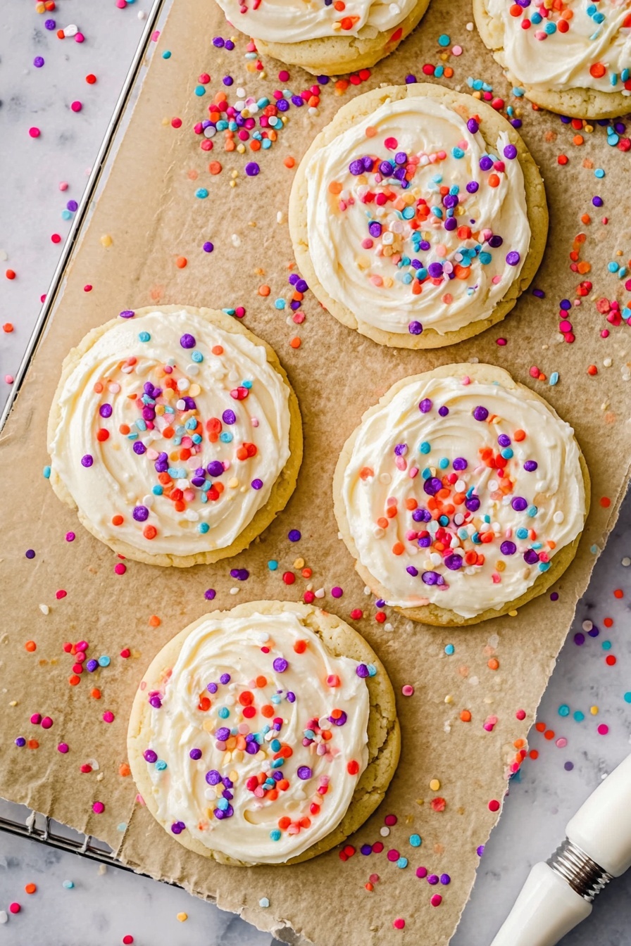 Confetti Cake Mix Cookies, colorful sprinkles cookies, easy cake mix cookie recipe, festively decorated cookies, chewy fun dessert - Six soft round cookies are shown on a white marbled surface lined with brown parchment paper and a wire cooling rack. Each cookie has one thick, creamy white frosting layer swirled on top, covering nearly the entire cookie. The frosting is dotted with colorful round confetti sprinkles in red, purple, orange, aqua blue, and white, scattered both on the frosting and the paper around the cookies. At the bottom right corner, a white piping bag with a metal tip is partly visible as if it was just used to decorate the cookies. Photo taken with an iphone --ar 2:3 --v 7