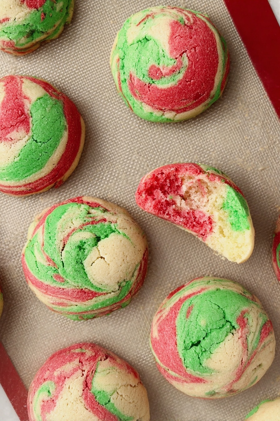 Peppermint Cheesecake Cookies, holiday peppermint cookies, festive cheesecake cookies, easy peppermint cookie recipe, Christmas dessert cookies - This image shows a baking tray lined with a beige silicone mat that holds eight round cookie dough balls. Each ball has three swirled colors: green, red, and white, giving a marbled effect. The dough balls are spaced evenly, with a slightly rough texture on top and smooth sides. The tray has a silver metal edge and a red silicone border around the baking mat. The background is a white marbled texture. photo taken with an iphone --ar 2:3 --v 7
