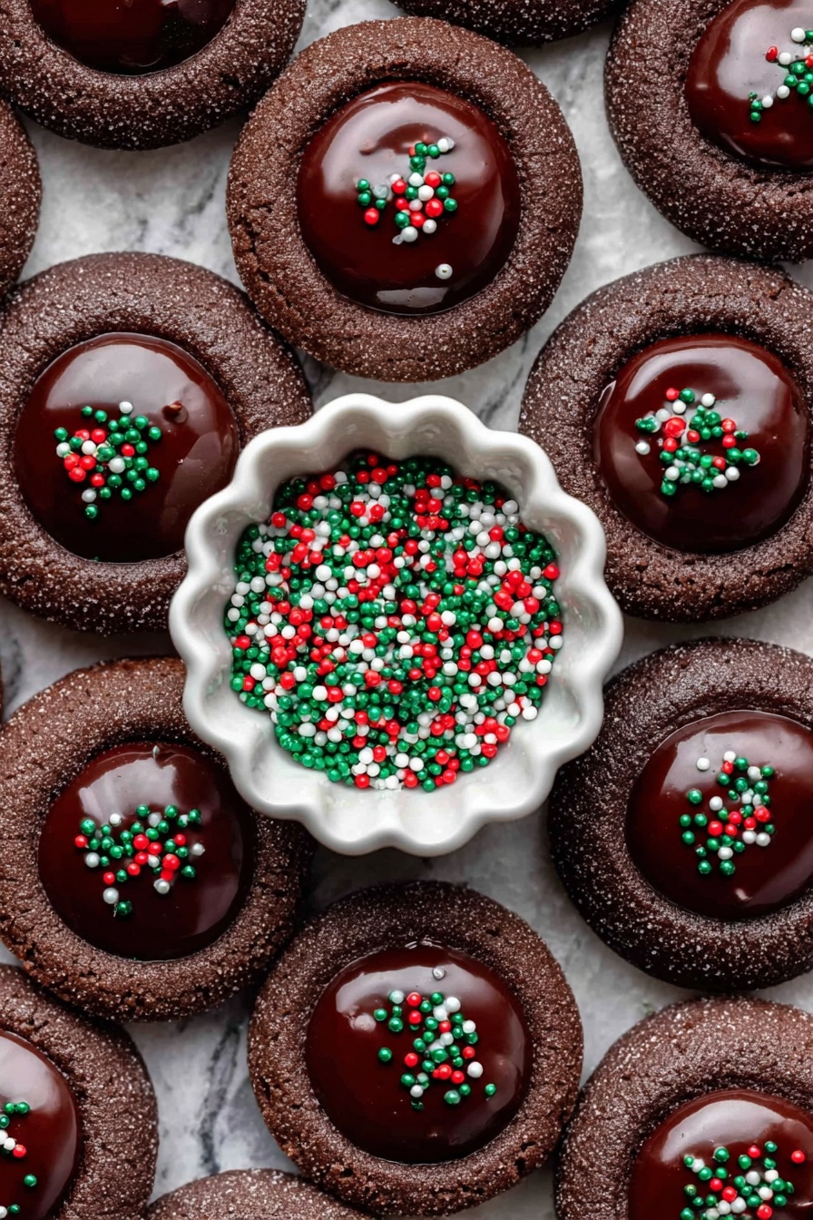 Chocolate Thumbprint Cookies with Ganache, decadent chocolate cookies, easy thumbprint cookie recipe, rich ganache filled cookies, festive dessert ideas - The image shows many round dark chocolate cookies arranged closely on a white marbled surface. Each cookie has a smooth, shiny layer of dark chocolate in the middle, which looks thick and glossy. On top of this chocolate layer, there are small red, green, and white round sprinkles scattered evenly. In the center top part of the image, there is a fluted white bowl filled with the same colored sprinkles. The cookies form a loose pattern around the bowl, covering most of the frame. photo taken with an iphone --ar 2:3 --v 7