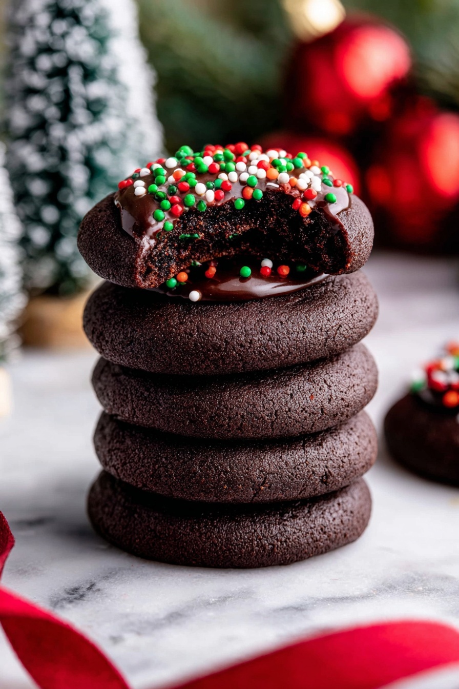 Chocolate Thumbprint Cookies with Ganache, decadent chocolate cookies, easy thumbprint cookie recipe, rich ganache filled cookies, festive dessert ideas - The image shows several round chocolate cookies arranged in a circle on a white marbled surface. Each cookie has a smooth, dark chocolate center that is glossy, decorated with small, round sprinkles in red, green, and white colors. In the middle of the circle, there is a small, white scalloped bowl filled to the top with the same red, green, and white small round sprinkles. The cookies have a slightly rough texture on their outer edges, contrasting with the shiny chocolate centers. photo taken with an iphone --ar 2:3 --v 7