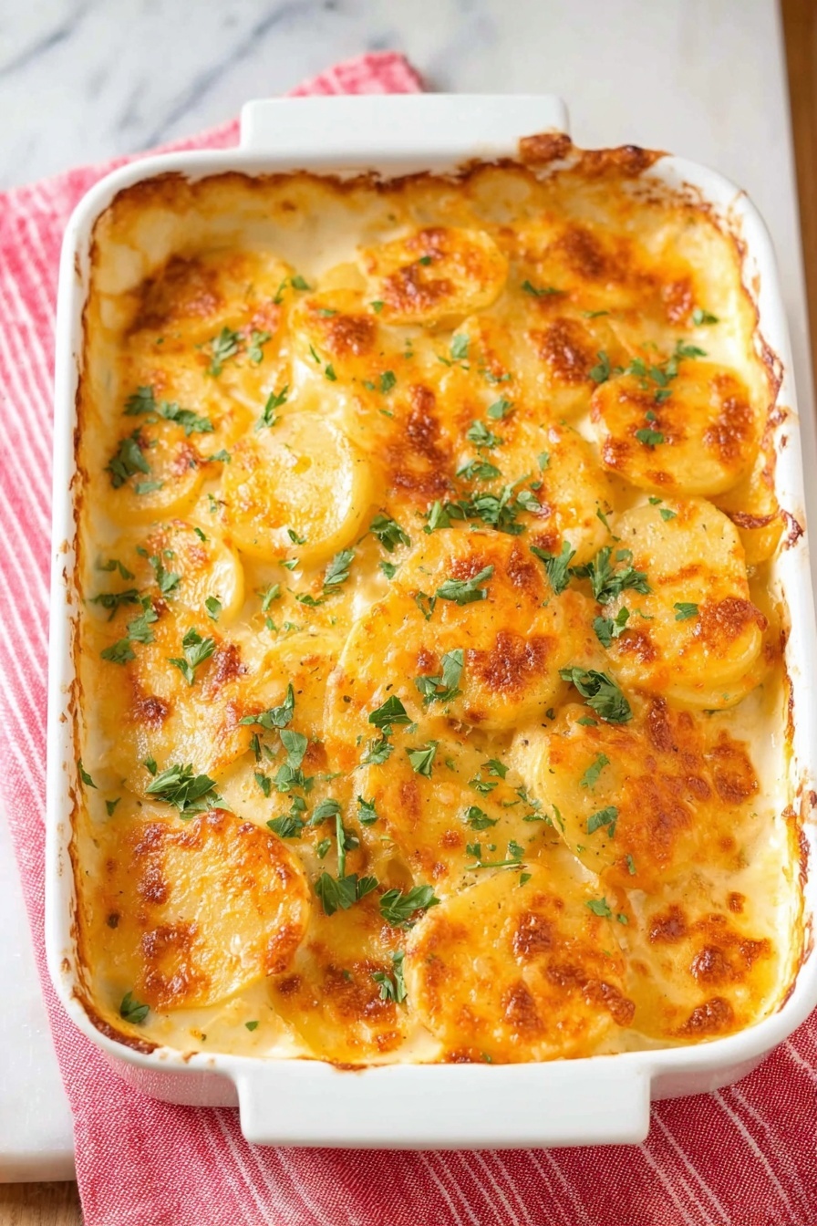 Cheesy Scalloped Potatoes, cheesy potato casserole, creamy scalloped potatoes, easy scalloped potatoes recipe, cheesy potato side dish - A white rectangular ceramic dish filled with baked scalloped potatoes. The dish has one thick visible layer of sliced potatoes cooked in a creamy sauce with a golden-brown cheesy top. The cheese is melted and slightly browned, covering the round potato slices with some sprinkled green parsley leaves on top for garnish. The dish rests on a pink cloth with red stripes on a white marbled surface. Photo taken with an iphone --ar 2:3 --v 7