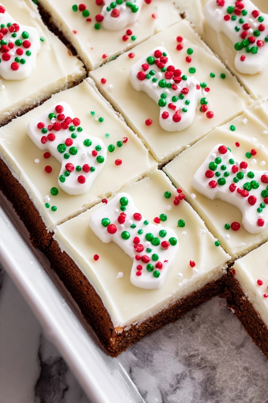Spiced Gingerbread Cookie Bars, gingerbread cookie bars, holiday cookie bars, festive spice dessert, easy gingerbread bars - The image shows a baking dish filled with a dessert cut into six square pieces. Each piece has two visible layers: a thick brown crumbly base and a thick smooth white frosting layer on top. The frosting is neatly spread with soft swirls and is decorated with small red, green, and white round sprinkles scattered evenly. Each piece also has a small white candy shaped like a Christmas stocking, decorated with red and green dots. The dish is placed on a white marbled surface. photo taken with an iphone --ar 2:3 --v 7