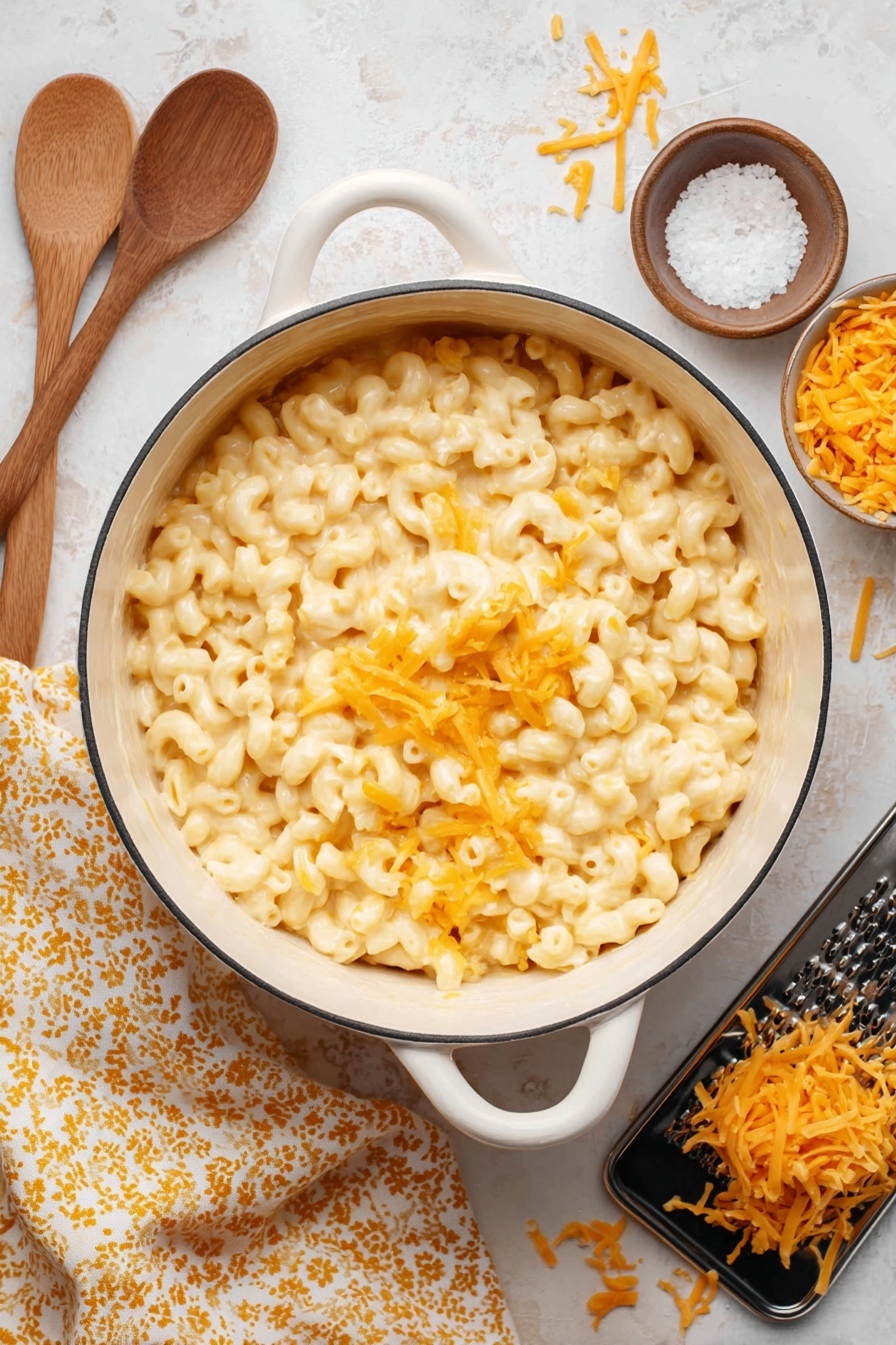 Stovetop Mac and Cheese, creamy mac and cheese, homemade mac and cheese, quick stovetop mac and cheese, cheesy pasta recipe - A white pot filled with creamy macaroni and cheese occupies the center of the image. The macaroni are small curved tubes covered in smooth, light yellow cheese sauce, with a few grated bright orange cheese pieces scattered on top. The white pot has two small handles, one visible in the front. To the left, there are two wooden spoons placed on a patterned yellow and white cloth. On the right side, a black metal cheese grater holds some shredded bright orange cheese, with more cheese shreds scattered on the white marbled surface nearby. A small round bowl with coarse salt is also visible in the upper right corner. The whole scene is set on a white marbled textured surface. photo taken with an iphone --ar 2:3 --v 7