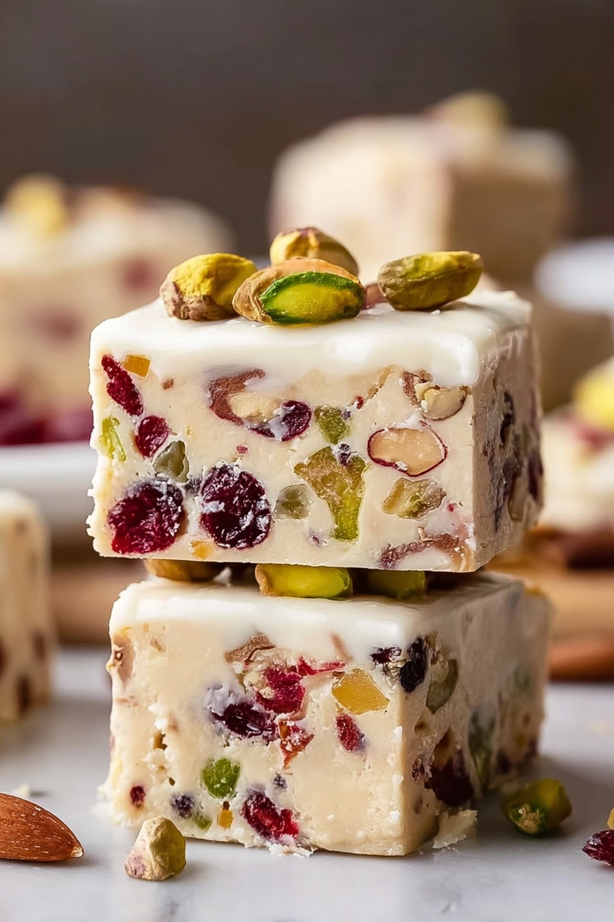 Cranberry Pistachio Shortbread Cookies, shortbread cookie recipe, festive holiday cookies, easy buttery cookies, holiday cookie ideas - The image shows three square white fudge pieces stacked on a round white plate. Each piece is creamy with bits of green pistachios and red dried cranberries inside. The top piece has a light white glaze with whole pistachios on top. The fudge texture looks smooth but thick. Some pistachios and cranberry bits are scattered on the plate around the stack. The background is a white marbled texture. photo taken with an iphone --ar 2:3 --v 7