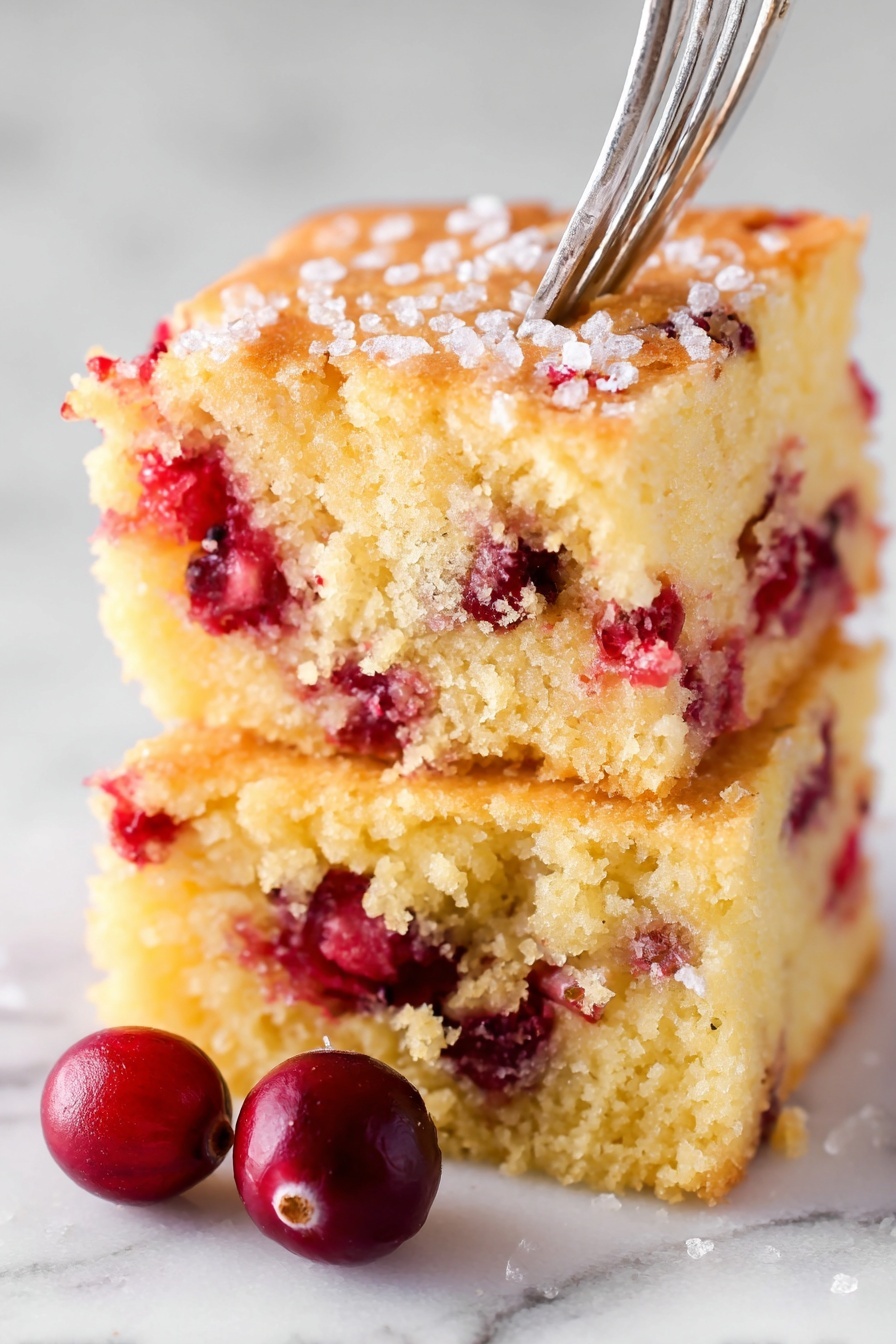 Cranberry Orange Cake, Cranberry Orange Cake recipe, easy cranberry orange cake, moist citrus cranberry cake, festive cranberry orange dessert - The image shows two stacked pieces of a light golden-yellow cake filled with bright red cranberries, some of which are broken open, adding a splash of deep red inside the cake. The top layer has a thin, slightly crunchy surface sprinkled with coarse sugar crystals that catch the light. The cake crumb looks soft and moist with a spongy texture. At the bottom left, two whole cranberries rest on the white marbled surface. A silver fork is pinned into the top piece from the left side, angled slightly upwards. The photo taken with an iphone --ar 2:3 --v 7