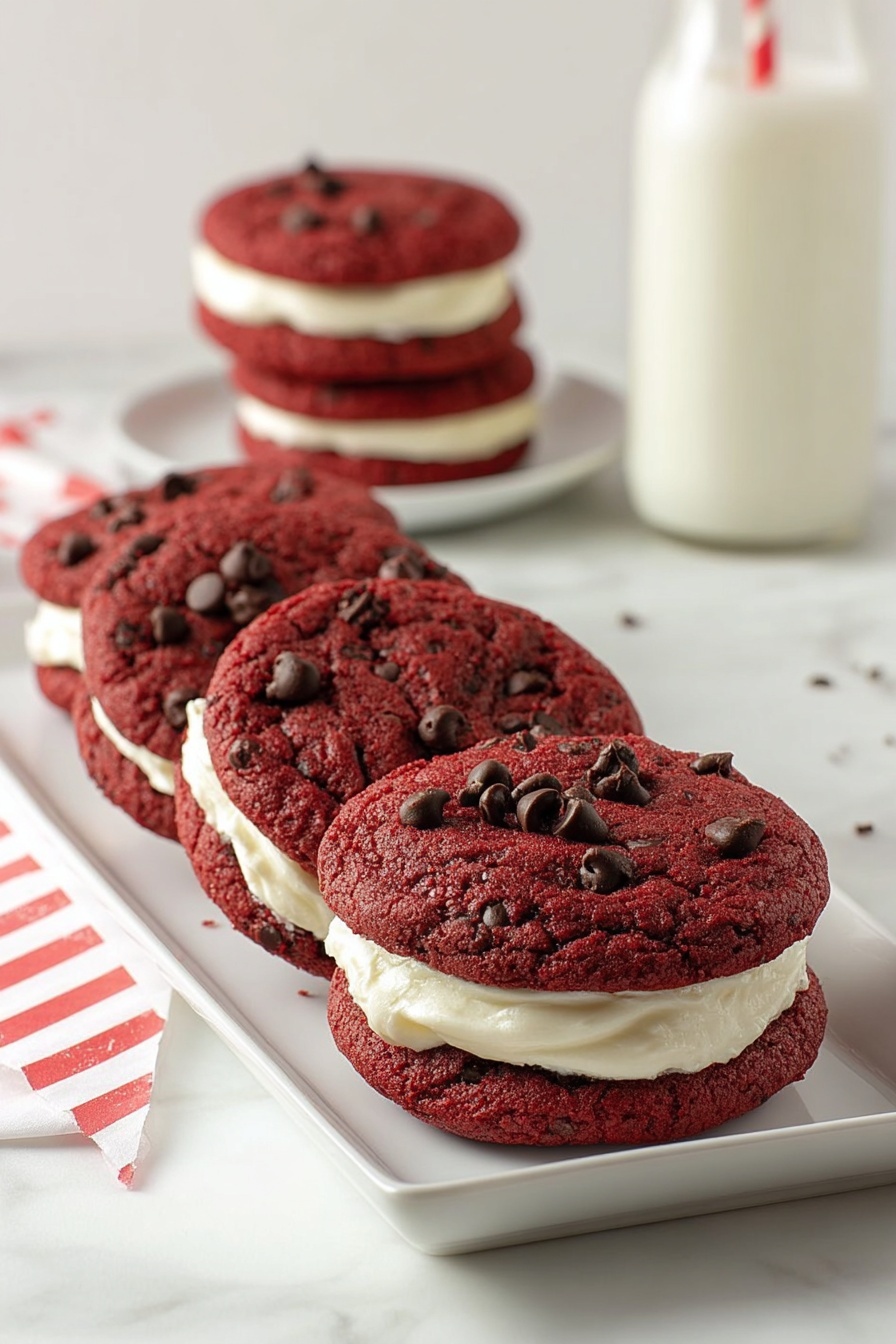 Red Velvet Sandwich Cookies, red velvet cookies with cream cheese frosting, easy red velvet cookie recipe, holiday red velvet cookies, party treat recipes - There are four red velvet cookies with chocolate chips arranged in a row on a white rectangular plate on a white marbled surface. Each cookie is thick and round with a slightly rough texture and visible chocolate chips on the surface. They are sandwiched with a smooth, white cream filling that stands out against the deep red color of the cookies. In the background, there is a stack of similar sandwich cookies on another white plate, and a glass bottle of milk with a red and white striped straw. The whole scene is clean and bright. photo taken with an iphone --ar 2:3 --v 7