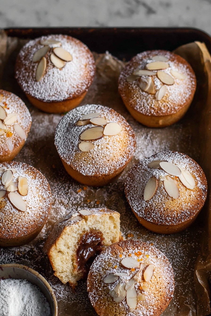 Festive Mince Pies with Frangipane Topping, mince pie recipe, holiday pastry ideas, almond frangipane topping, Christmas dessert recipes - Eleven round sandwich cookies are shown on crumpled parchment paper atop a white marbled surface. Each cookie has two golden brown almond-studded cake layers with a pale cream filling in the middle. The top cake layers are dusted with powdered sugar, which is also scattered around on the parchment and surface. A dark metal sieve filled with powdered sugar sits on the left side among the cookies, adding texture and detail. The overall look is rustic with warm tones and soft lighting. Photo taken with an iphone --ar 2:3 --v 7